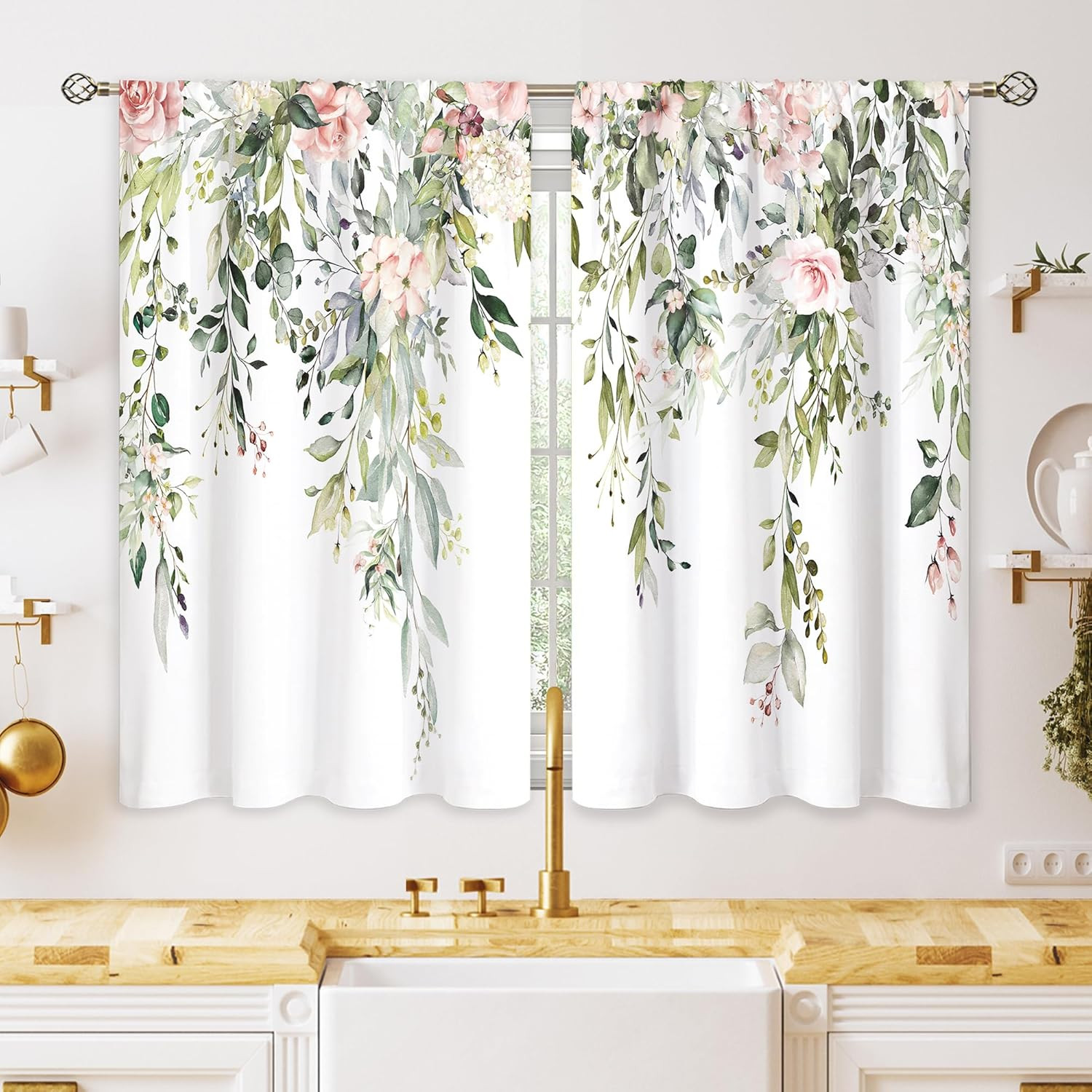 Eucalyptus Botanical Leaves Pink Rose Floral Kitchen Window Curtains Flower Plan