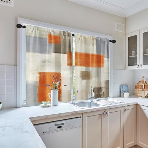 Beige Orange Painting Kitchen Curtains 45 Inch Length Grey Gray Window Short