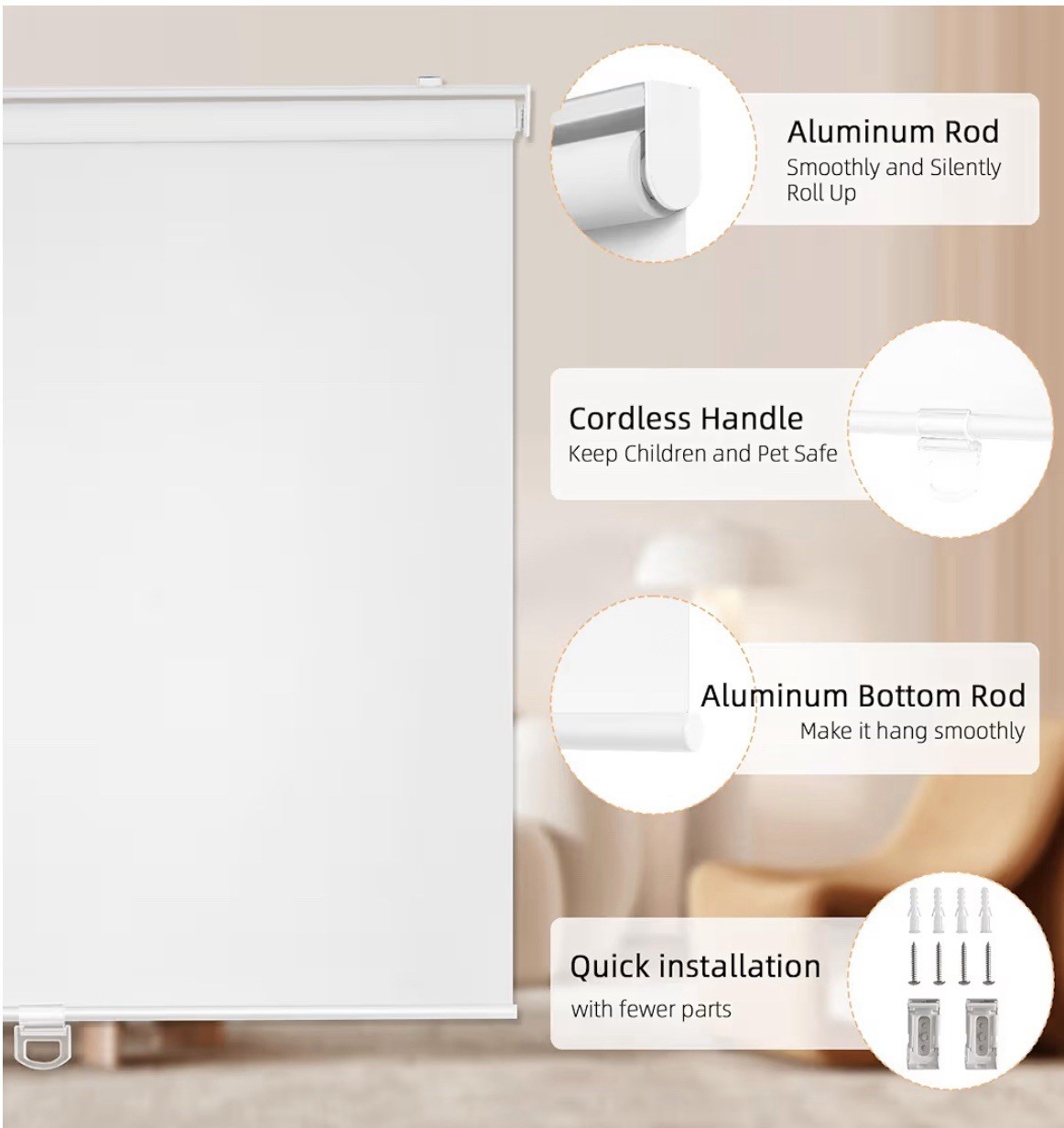 ChrisDowa Cordless Blackout Roller Shades UV Protection 60″ W x 72″ H White