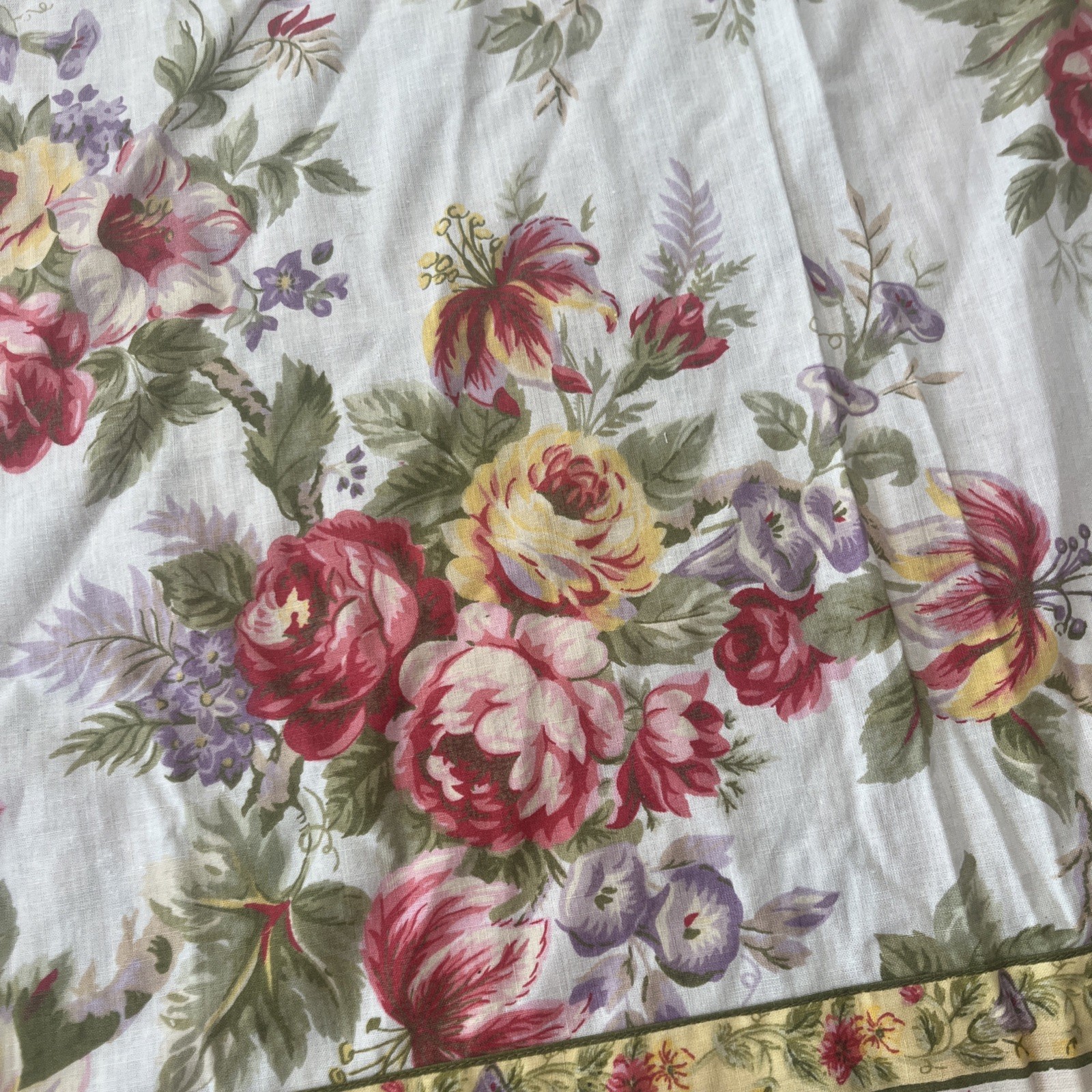 April Cornell Cabbage Rose Curtain Fabric Ties Top Pink Yellow Purple Floral