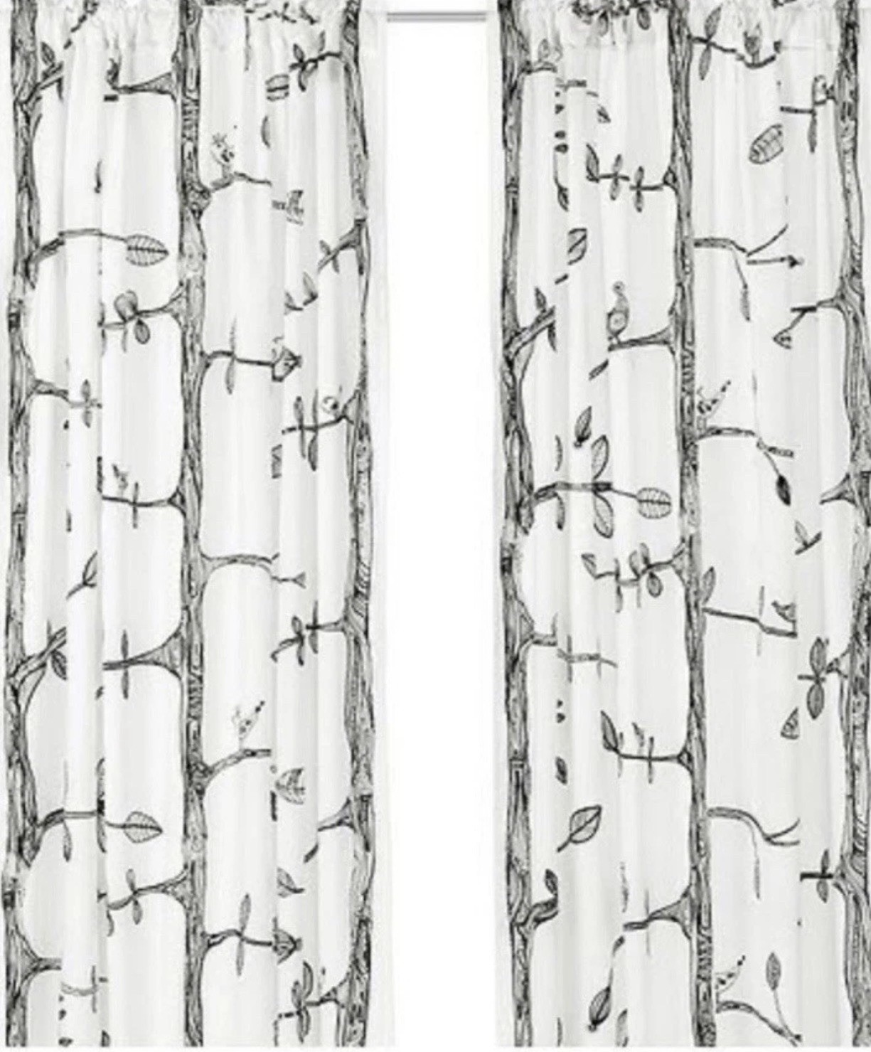 IKEA Eivor White Black Leaf Tree BIRD Curtain Panels, Lot of 2, 57 × 96”