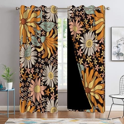 Retro Floral Blackout Curtains 2 Panels Set – Boho Mid-Century Boho Floral-3