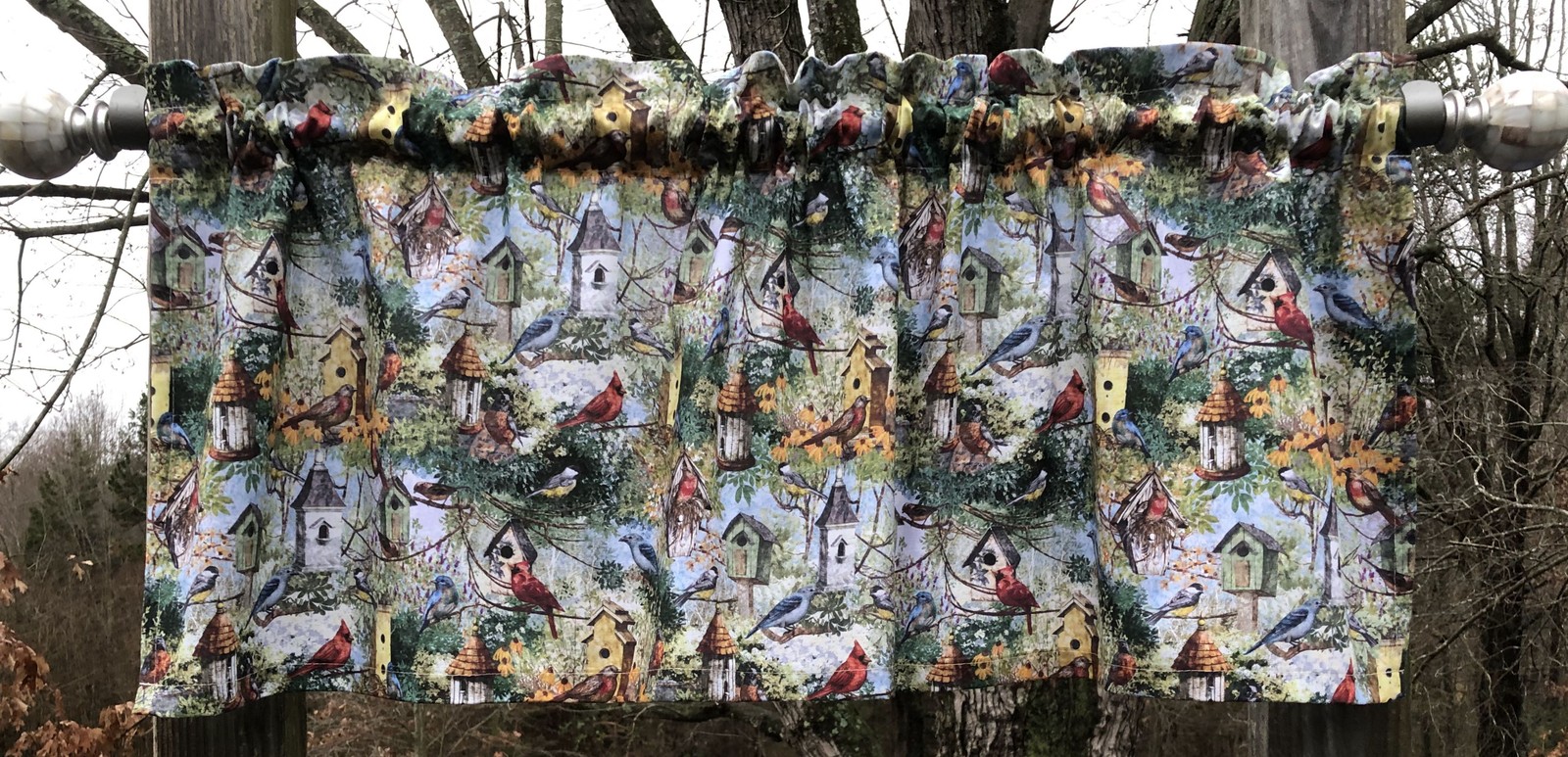 Birdhouses Valance Bird House Rustic Nature Farmhouse Kitchen Curtain t4/40