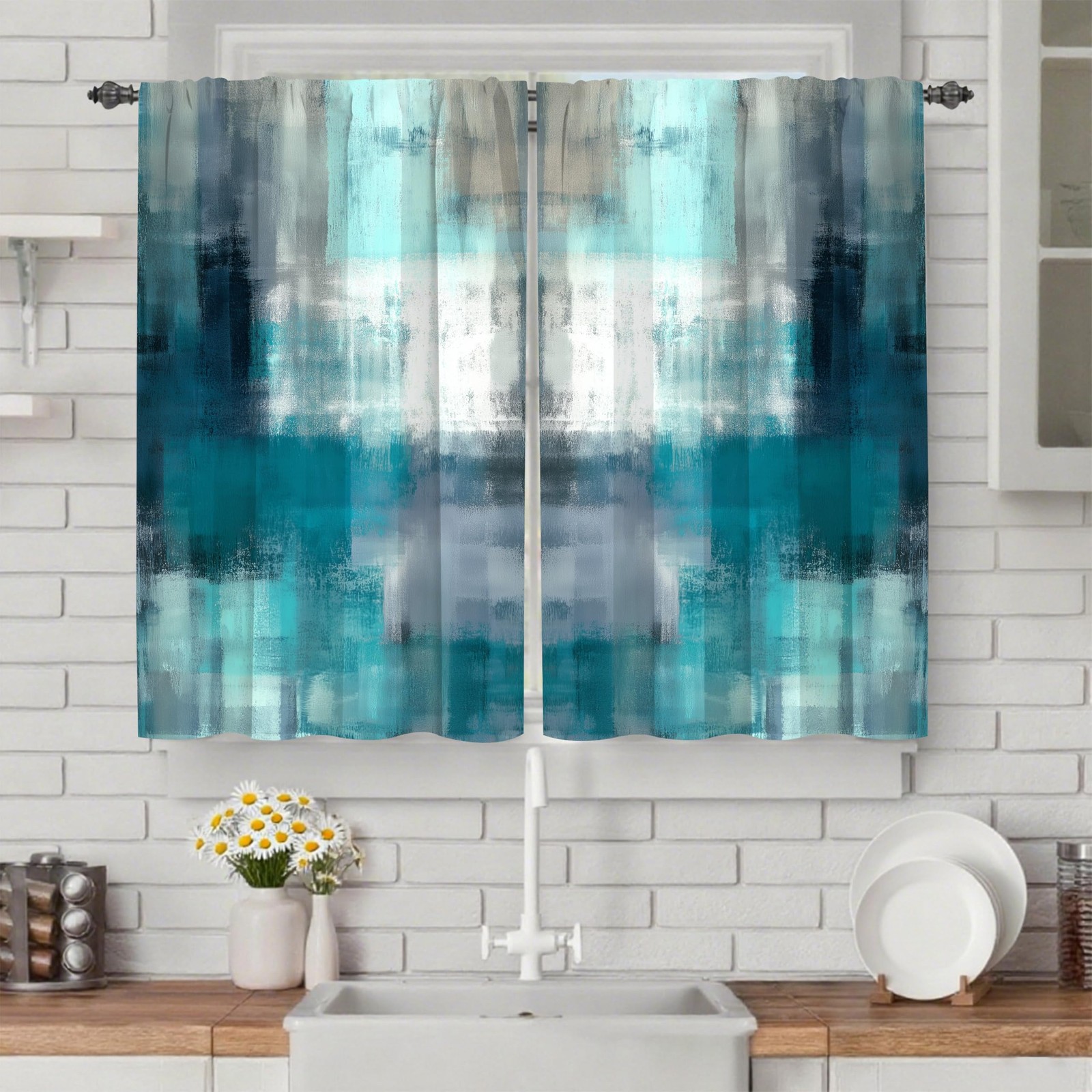 Teal Abstract Grey Kitchen Curtains Cafe Curtains for Bathroom Dining Room Li…