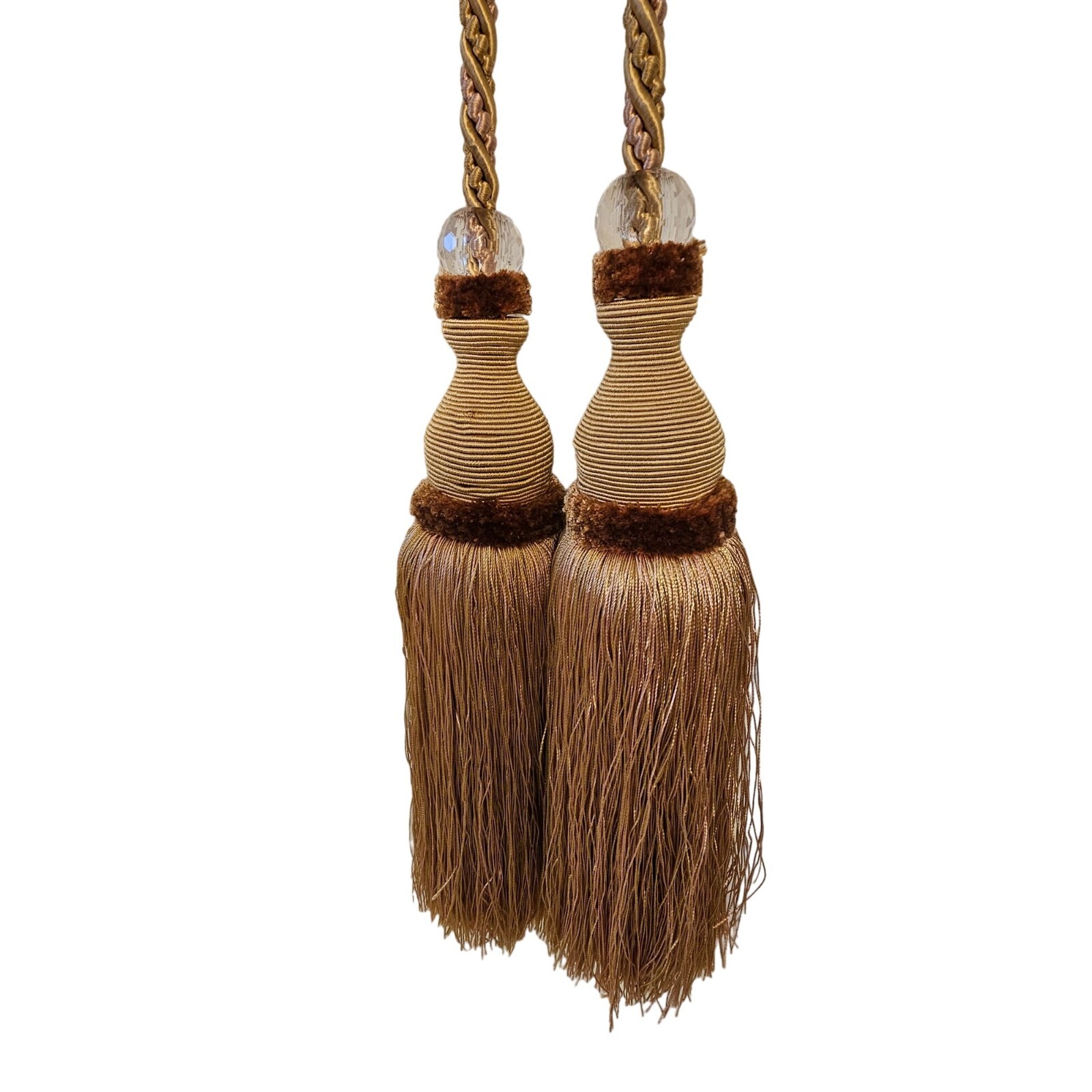 Curtain Tieback Gold Fringe Double Tassel Crystal Bead Braided 30» Set 2 Luxury