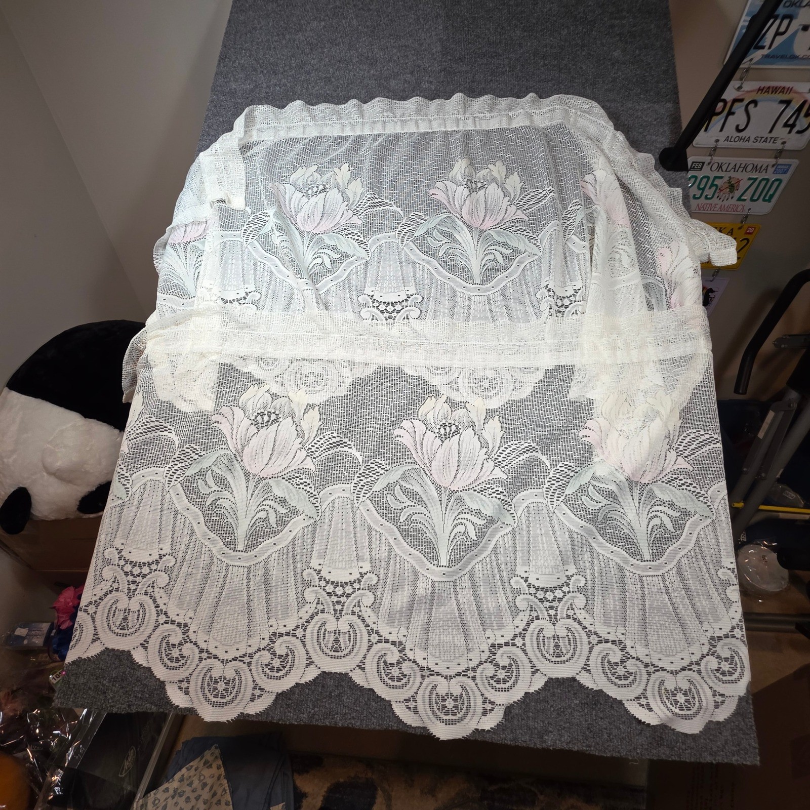 Vintage 2pc White Lace Floral Pink Tulip Cafe Curtain Valance Scalloped Edge