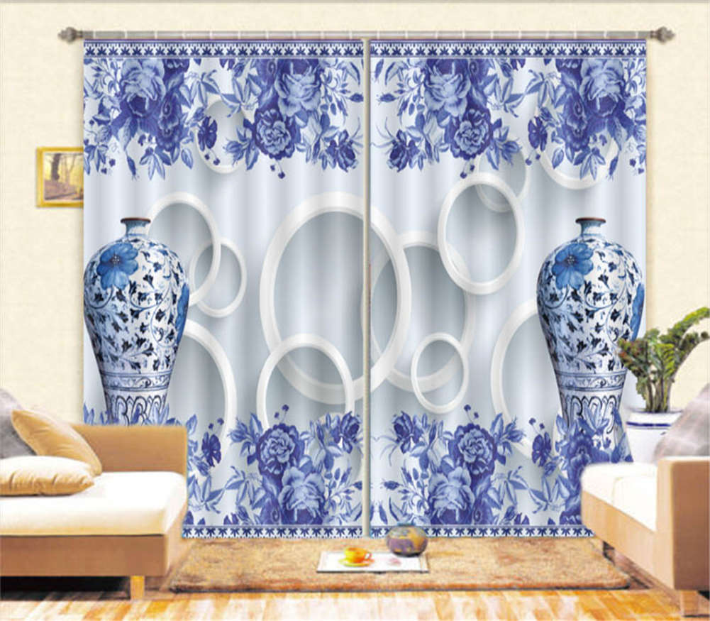 Blue And White Porcelain3D Curtain Blockout Photo Printing Curtains Drape Fabric