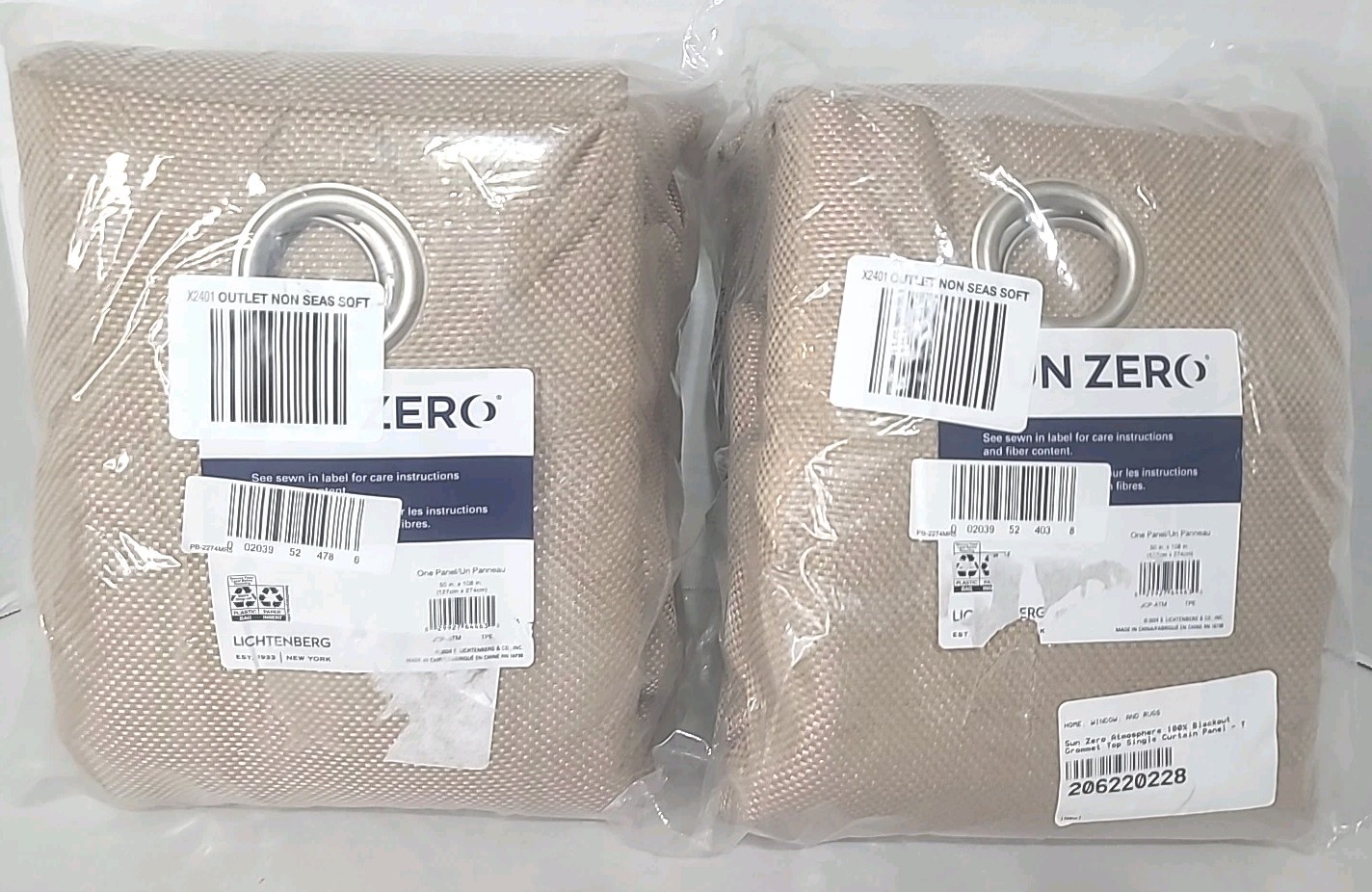 2 Panel Sun Zero Atmosphere Grommet Top 100% Blackout Curtain 50″X108″ Taupe