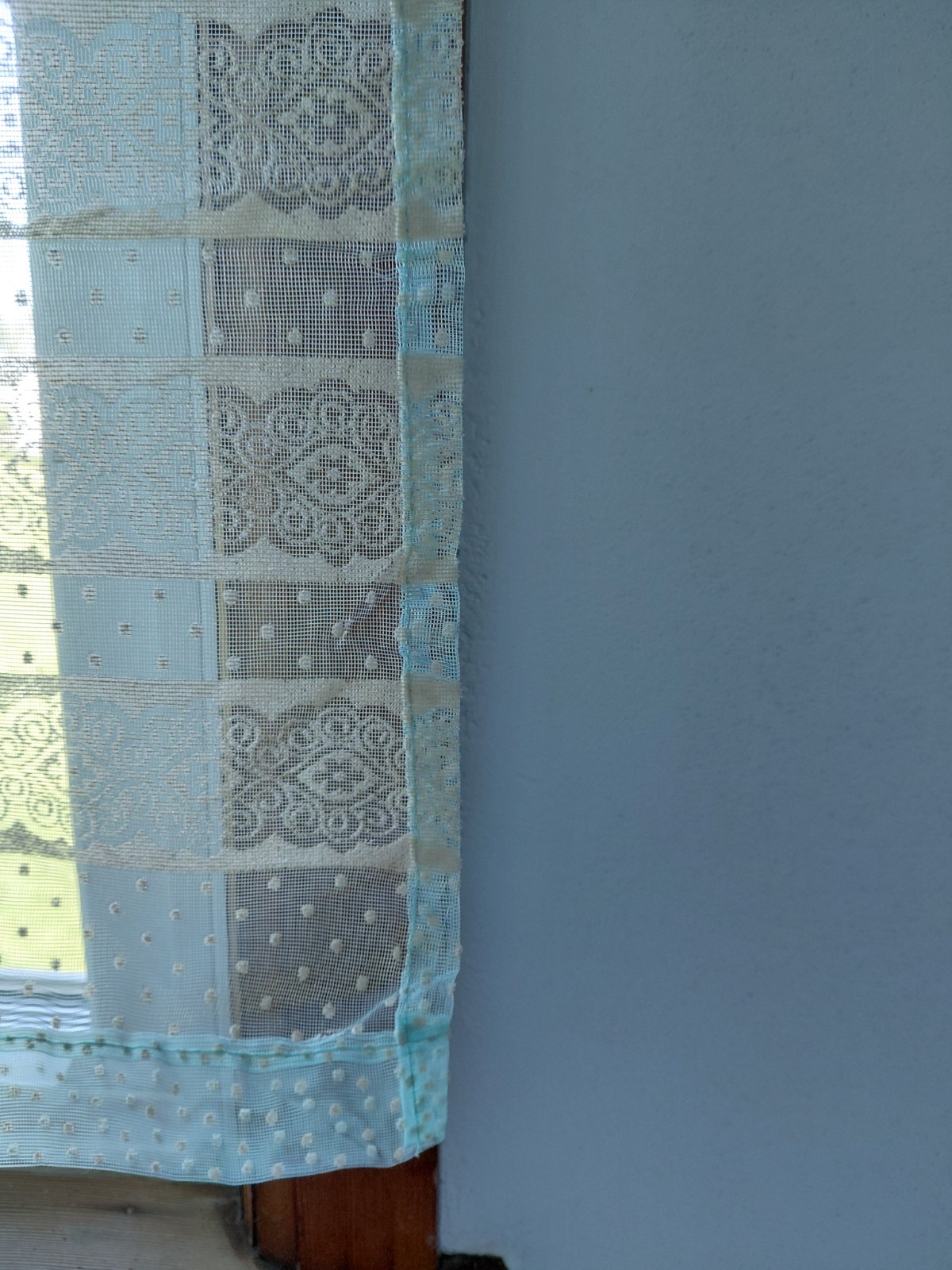 Vintage aqua dotted swiss valance with one panel. valance 71″x11″ panel 34″x37″