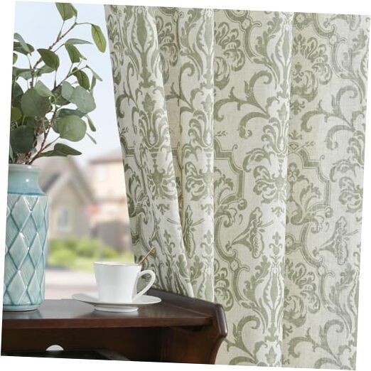 Curtains for Bedroom, 52″W x 84″L (Pack of 2) Damask | Sage Green on Flax
