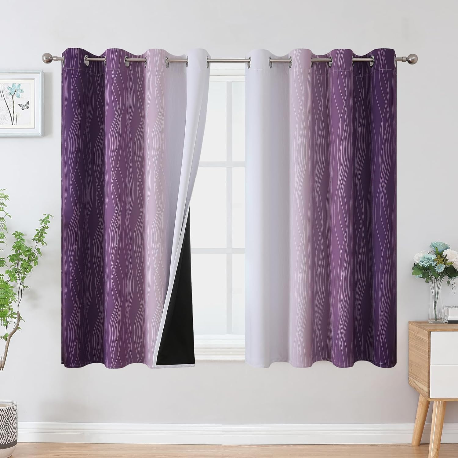 Purple and Greyish White Blackout Curtains 54 Inch Length, Light Blocking Gradie