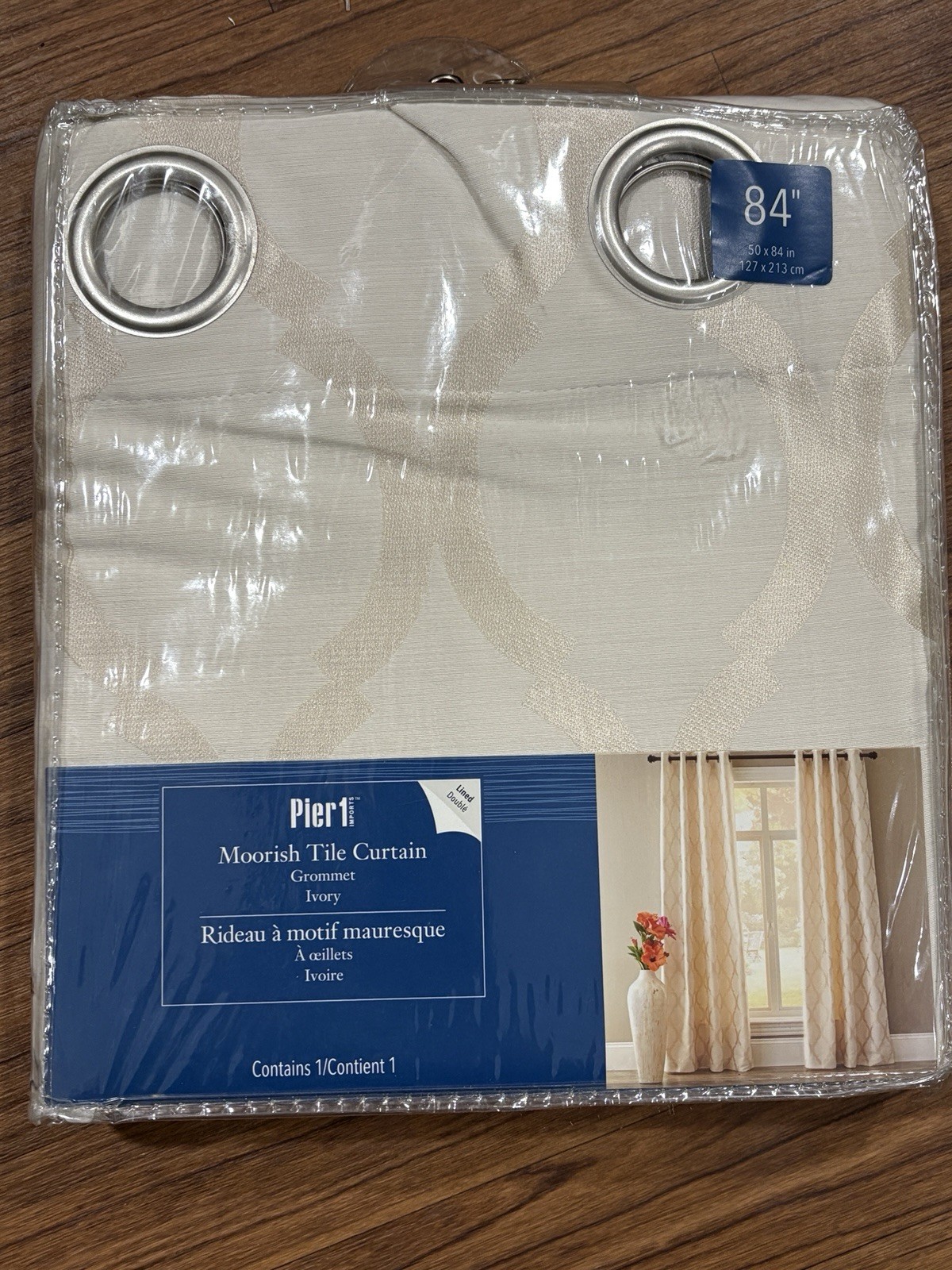 Pier 1 Moorish Tile Lined Curtain Panel Grommet Ivory Beige 84″ x 50″