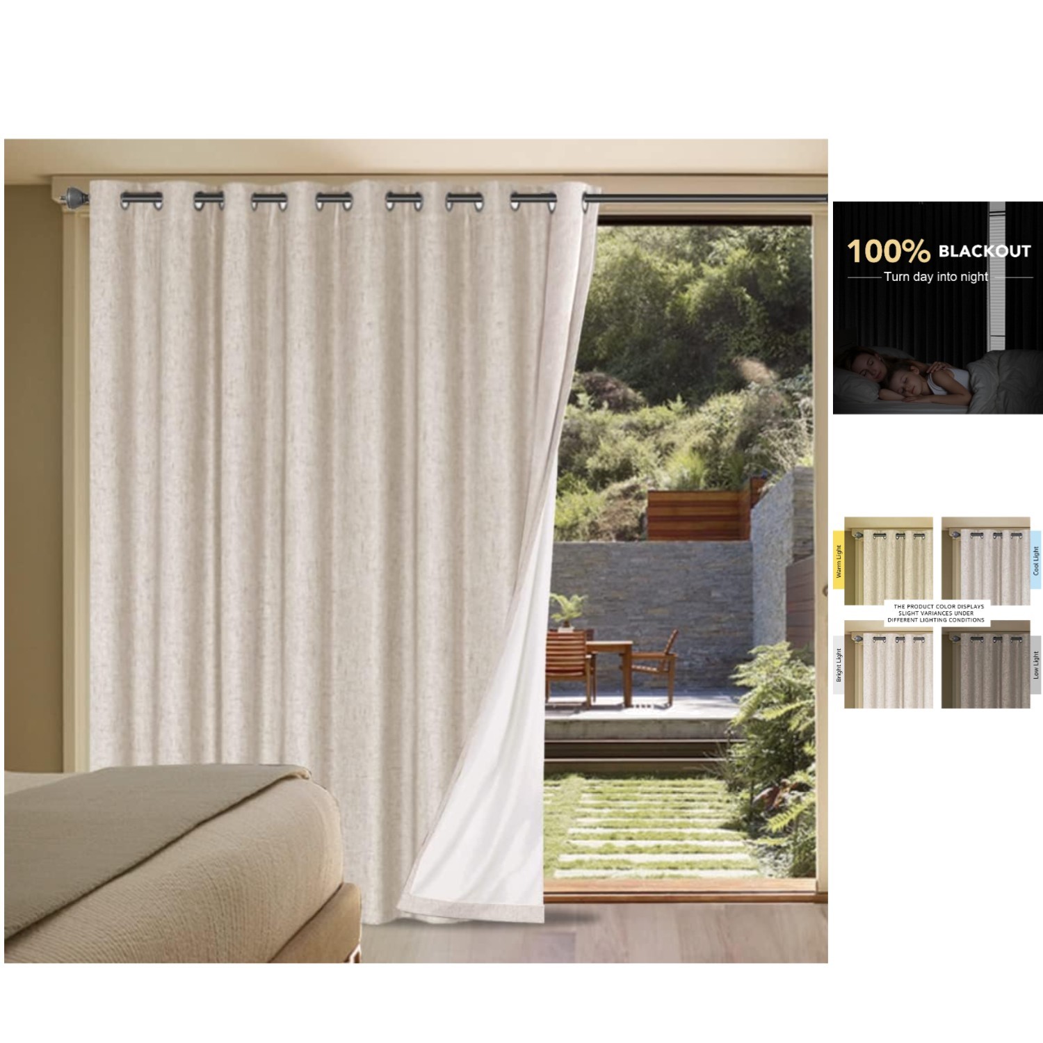 Blackout Curtain Panel with Anti-Rust Grommets – Natural Faux Linen, W100 x L84
