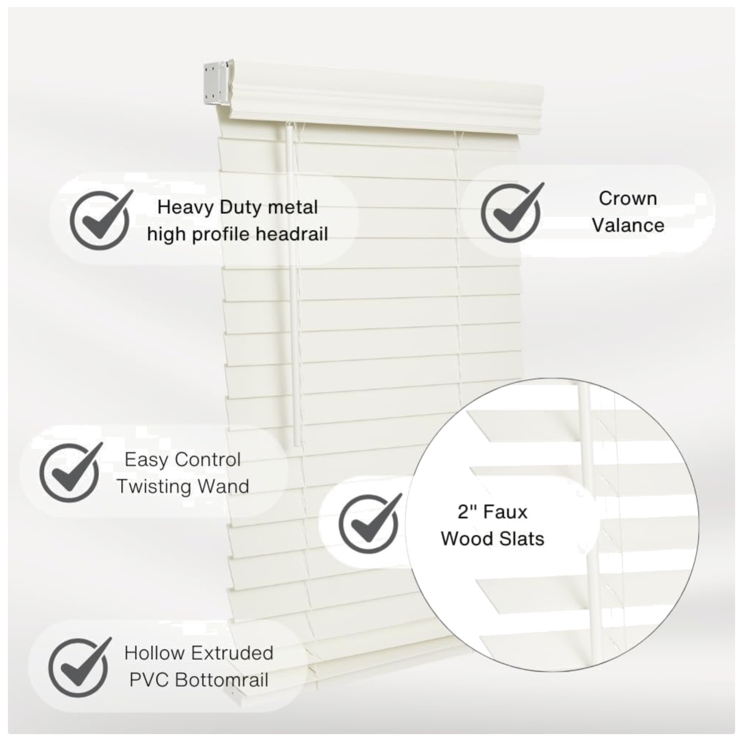 Cordless 2″ Faux Wood Blind 42×60 Room Darkening Soft White