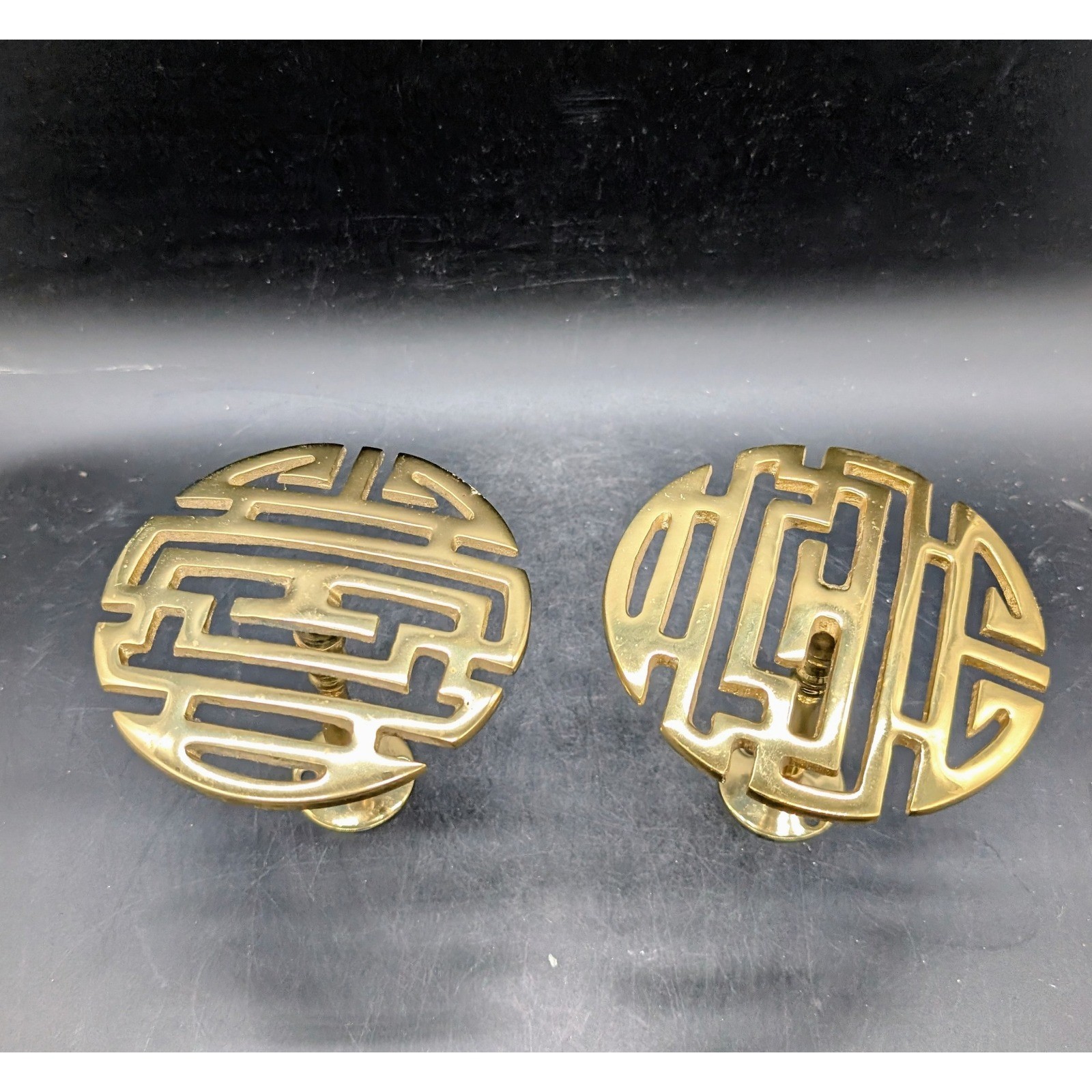 Vintage Solid Brass Shou Longevity Symbol Curtain Tiebacks Pair Chinoiserie Gold