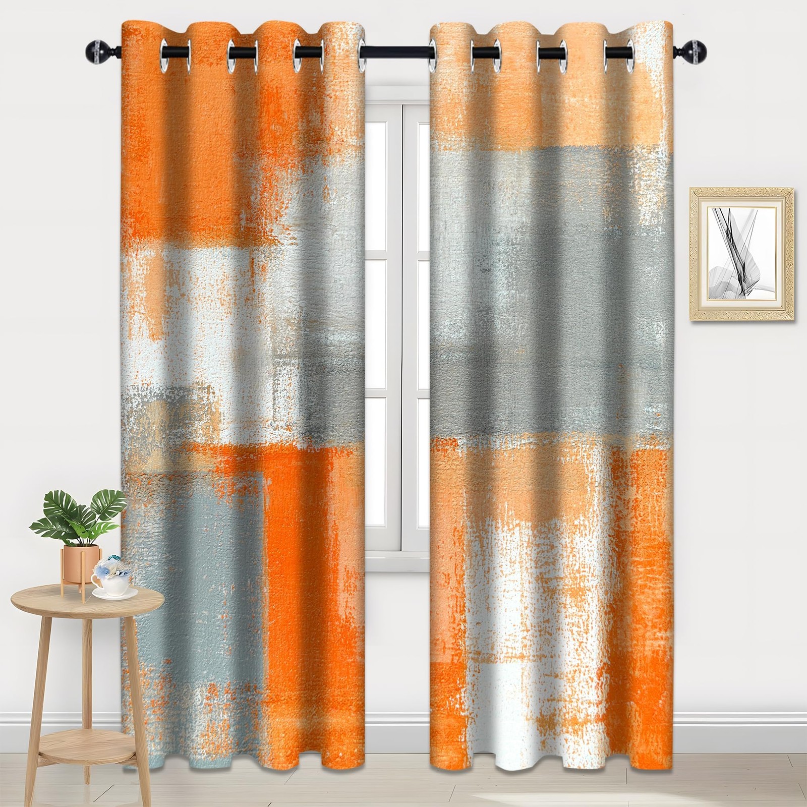 Abstract Orange Grey Blackout Curtains, Beige Aesthetic Art Painting Window D…