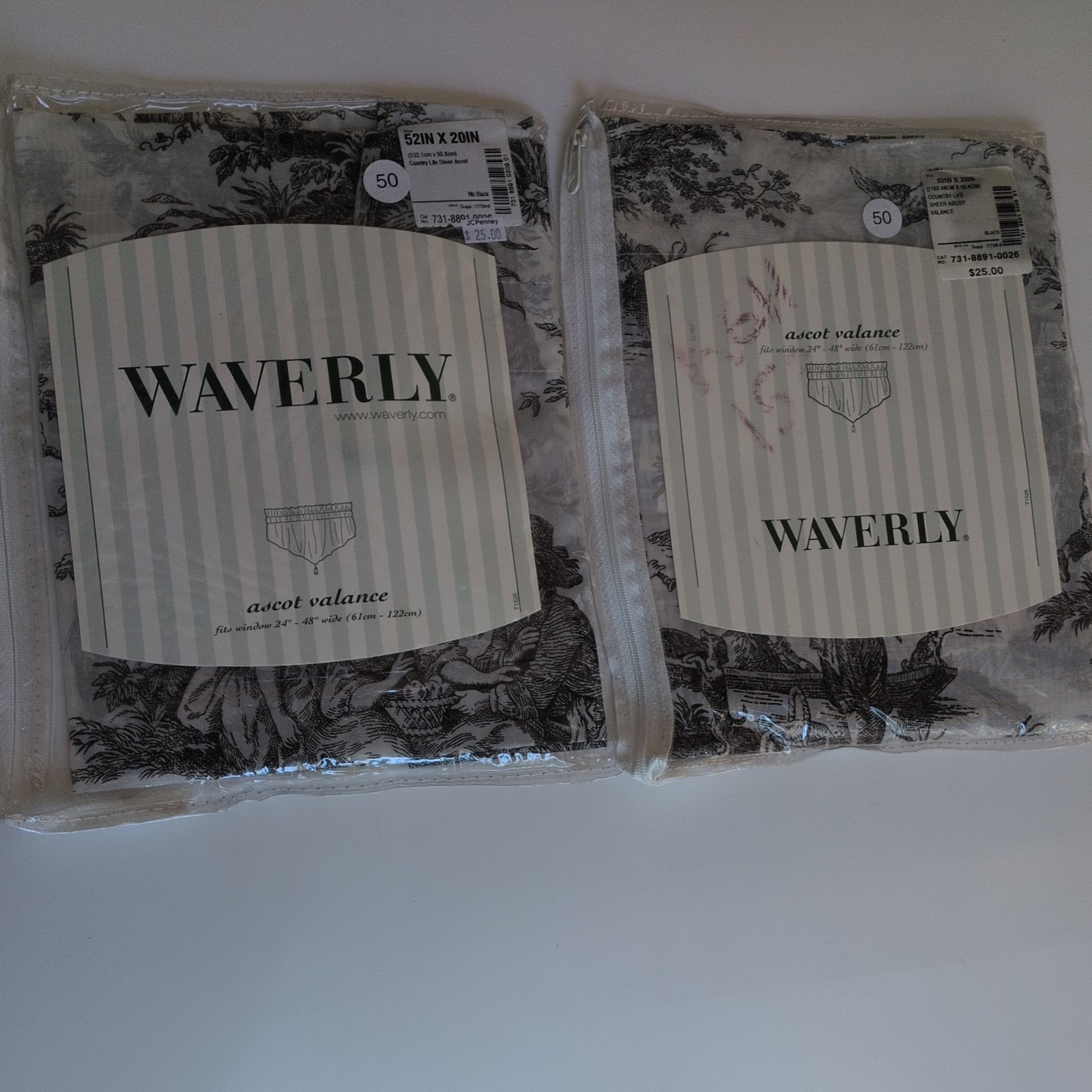 (2) Waverly Sheer Ascot Valance French Toile Country Life Black 52″ x 20″