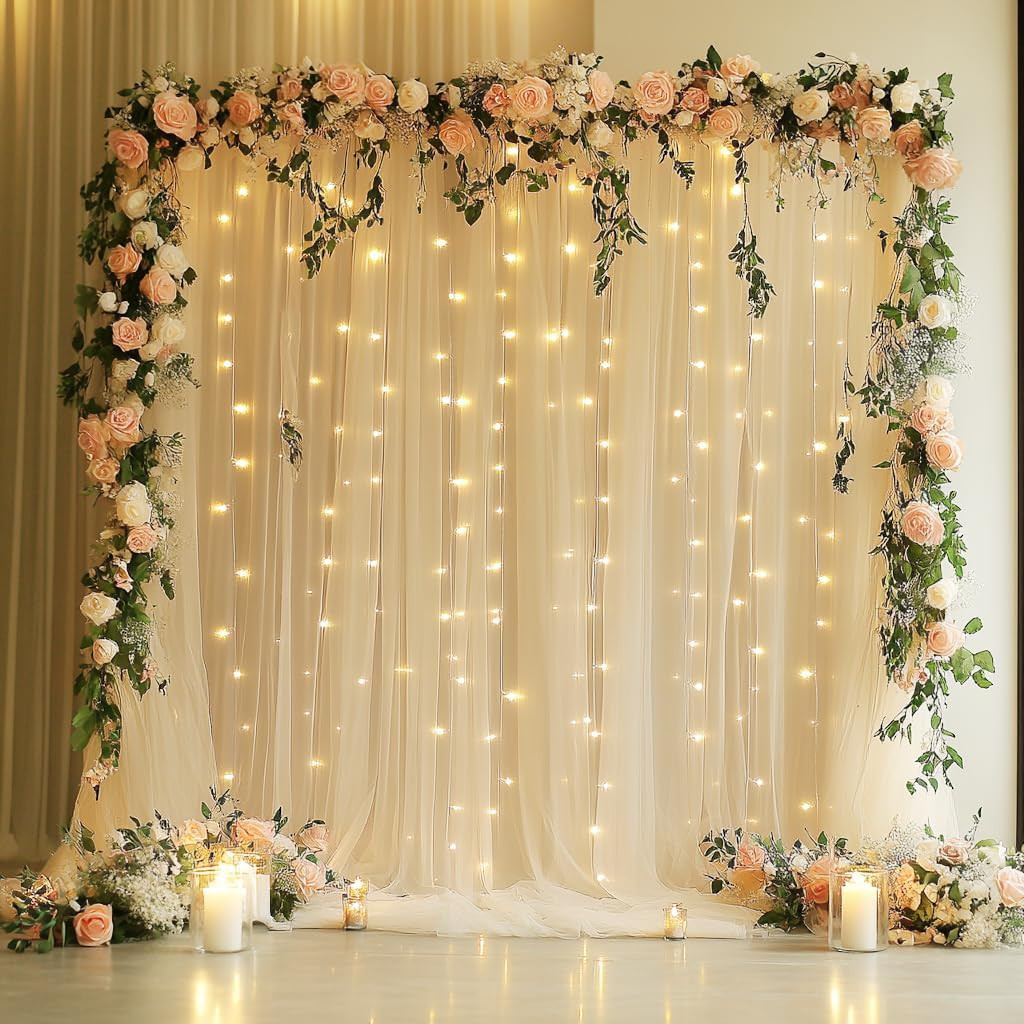 Tulle Backdrop Curtain with Lights String 10FT X 8FT Champagne Sheer Tulle Backd
