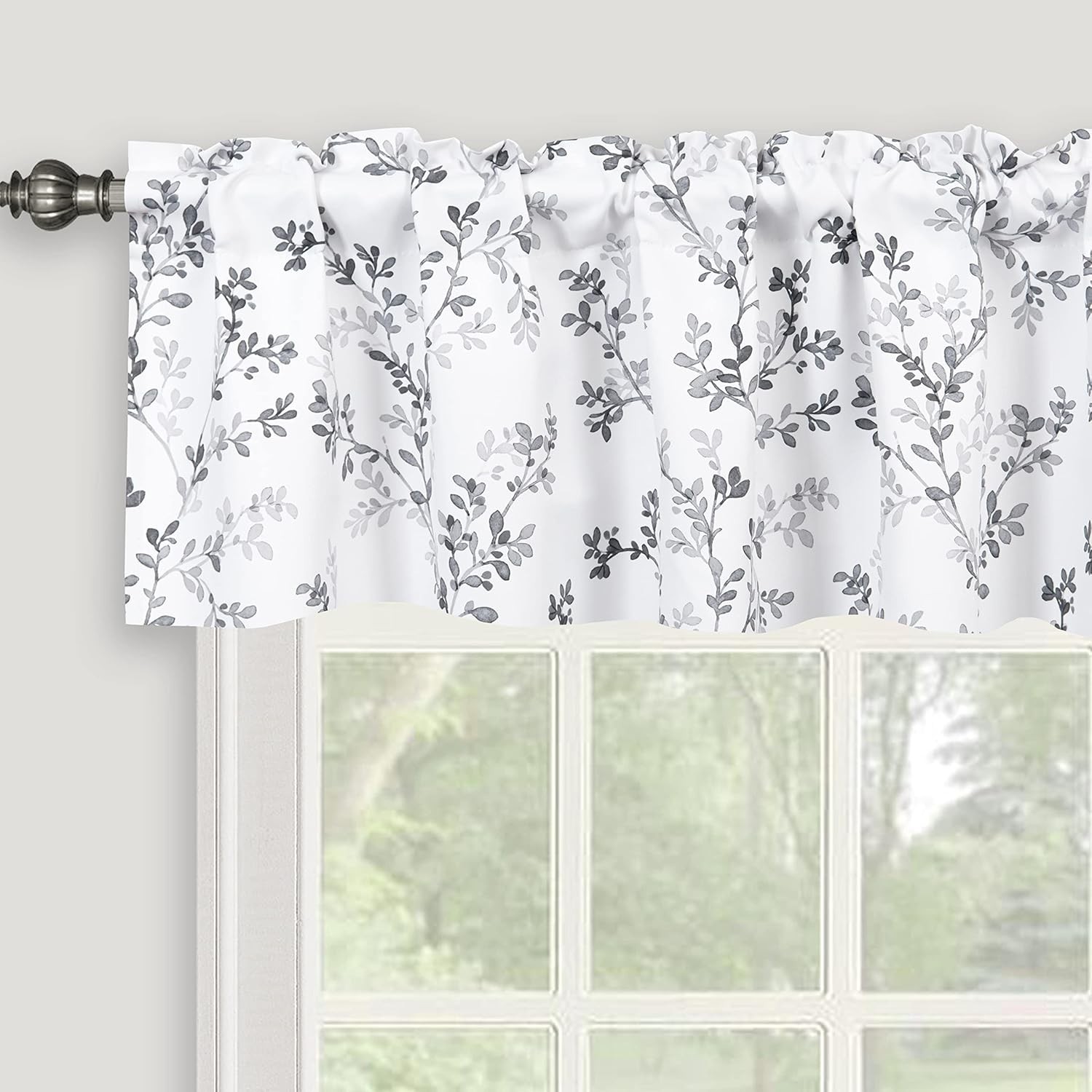 Navy Blue Valance Windows Watercolor Botanical Flowers Leaves Printed Rod Pocket