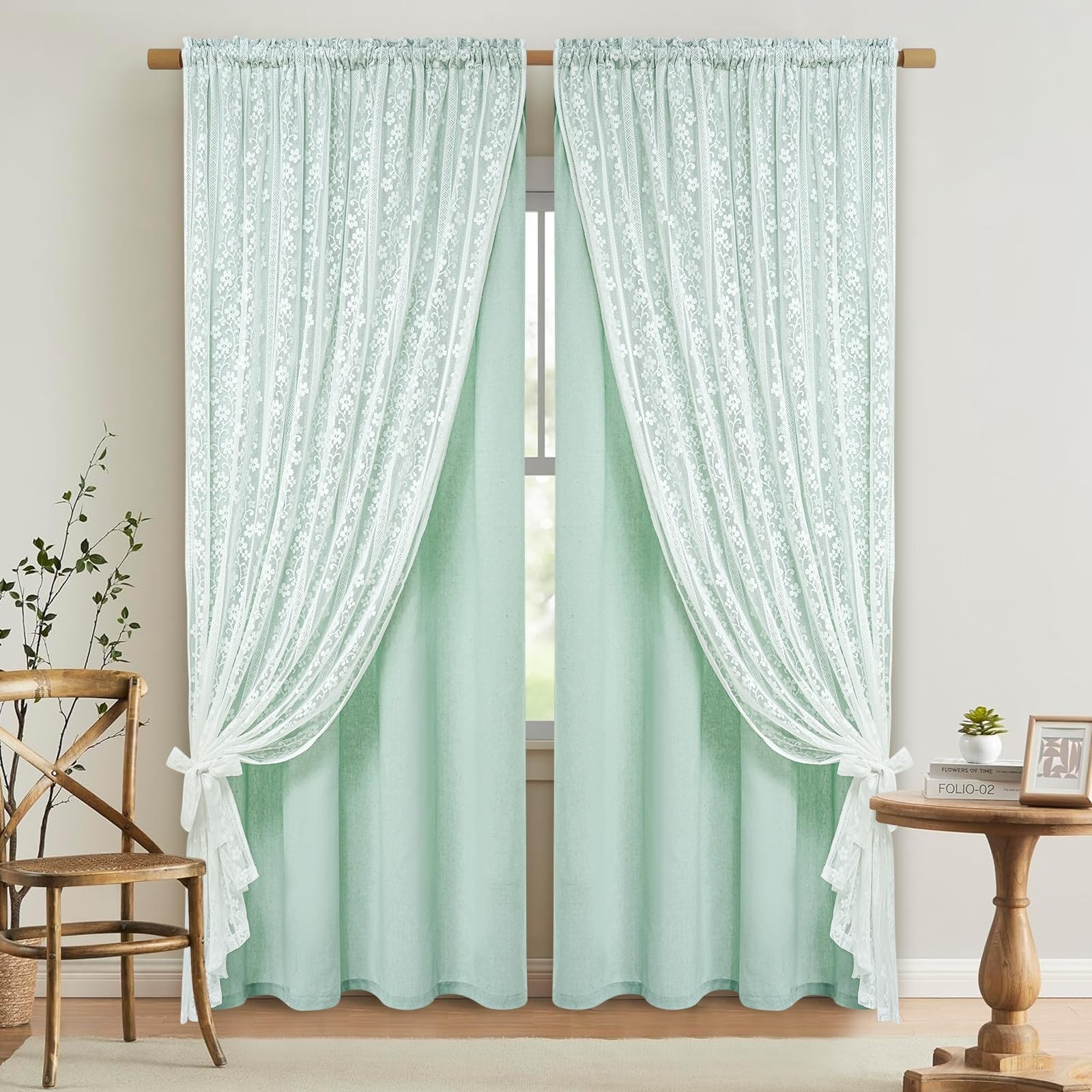 ASPMIZ Linen Curtains for Bedroom Double 52″W x 63″L (Pack of 2), Mint Green