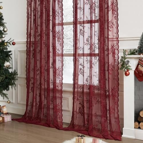 Lace Curtains 84 Inches Long Vintage Floral 52″W x 84″L (Pack of 2) Burgundy