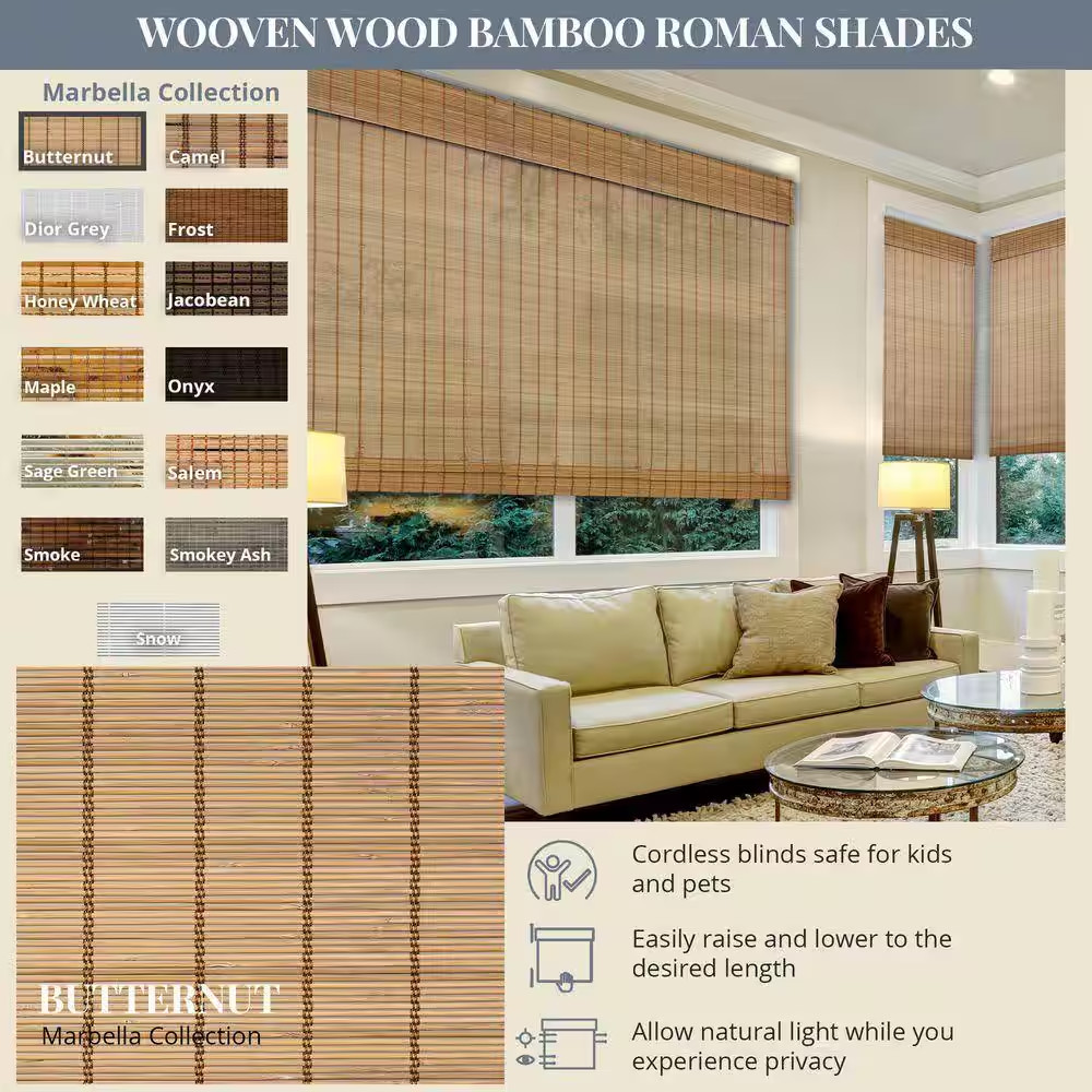 Natural Woven Light Filtering Cordless Bamboo Roman Shades for Windows, 71.5 In.