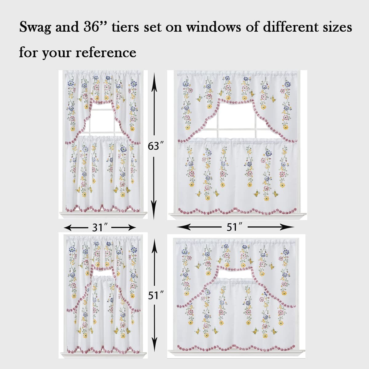 GOHD 3pcs Farmhouse Kitchen Cafe Curtain Set Air Brushed by Hand of Flowers a…