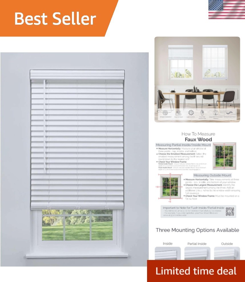Cordless 2″ Faux Wood Blind White 59 W x 64 H, Flush Inside Mount No Valance …