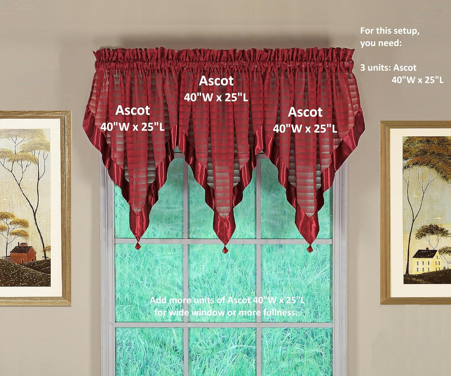 , Silhouette Stripe Sheer Ascot, Burgundy, 40″ W X 25″ L