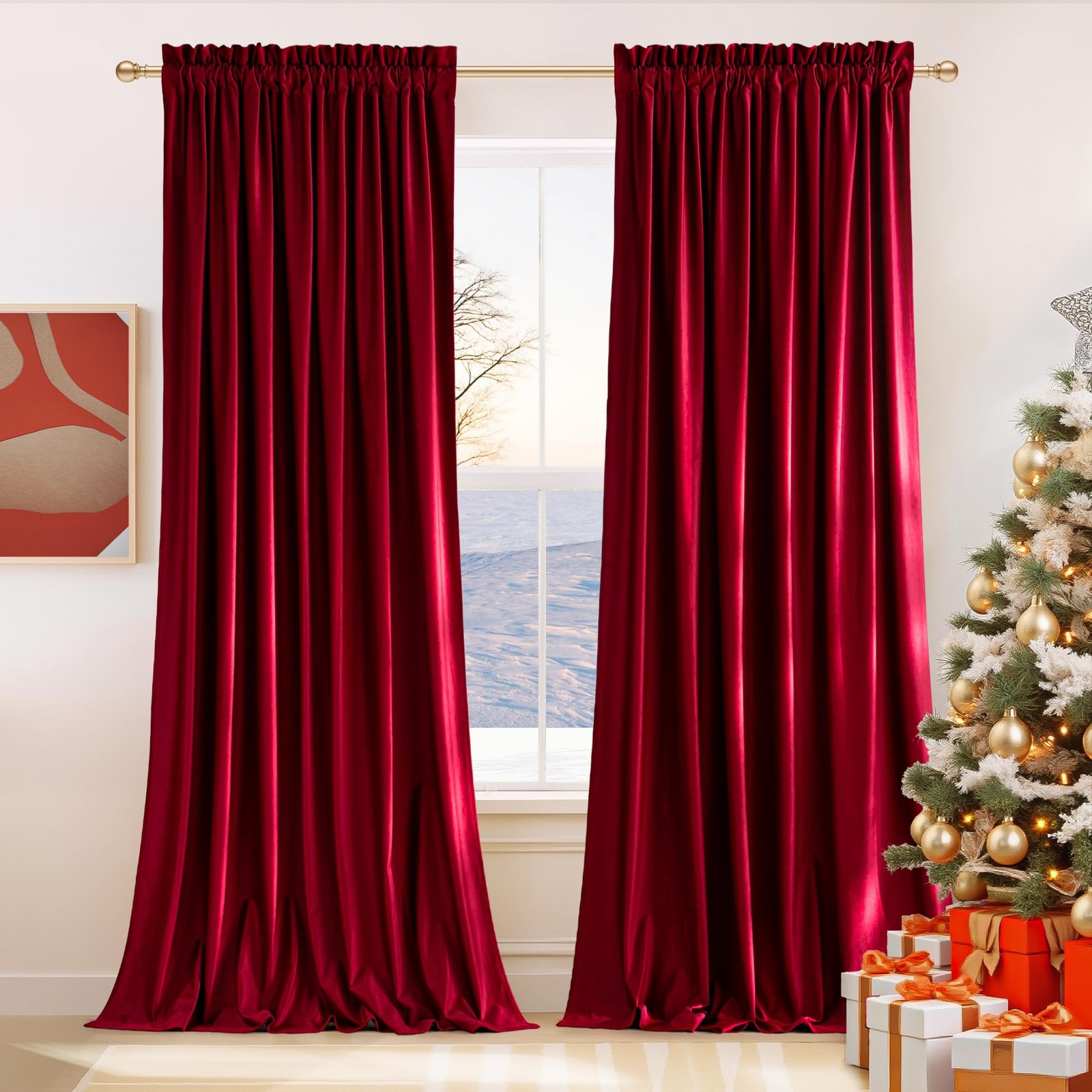 Christmas Red Velvet Blackout Curtains 84″ Long – Soundproof Privacy Panels