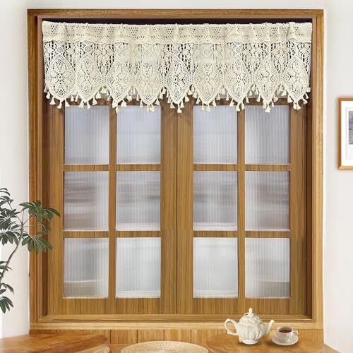 Rustic Crochet Curtains Valance for Kitchen Cotton W35 L15 Inch Beige Sheer