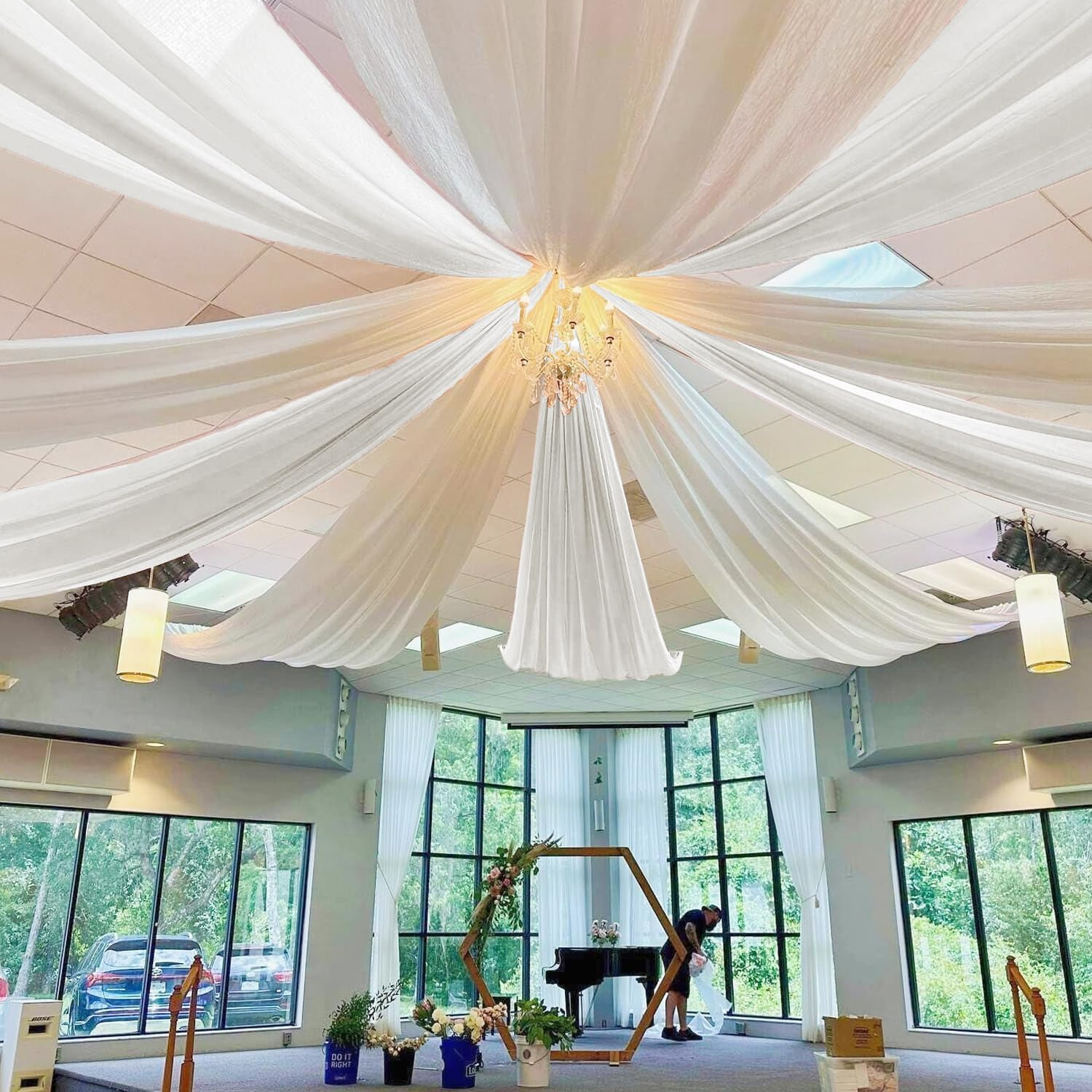 White Ceiling Drapes for Weddings 5X20Ft 6 Panels Sheer Chiffon Ceiling Curtain
