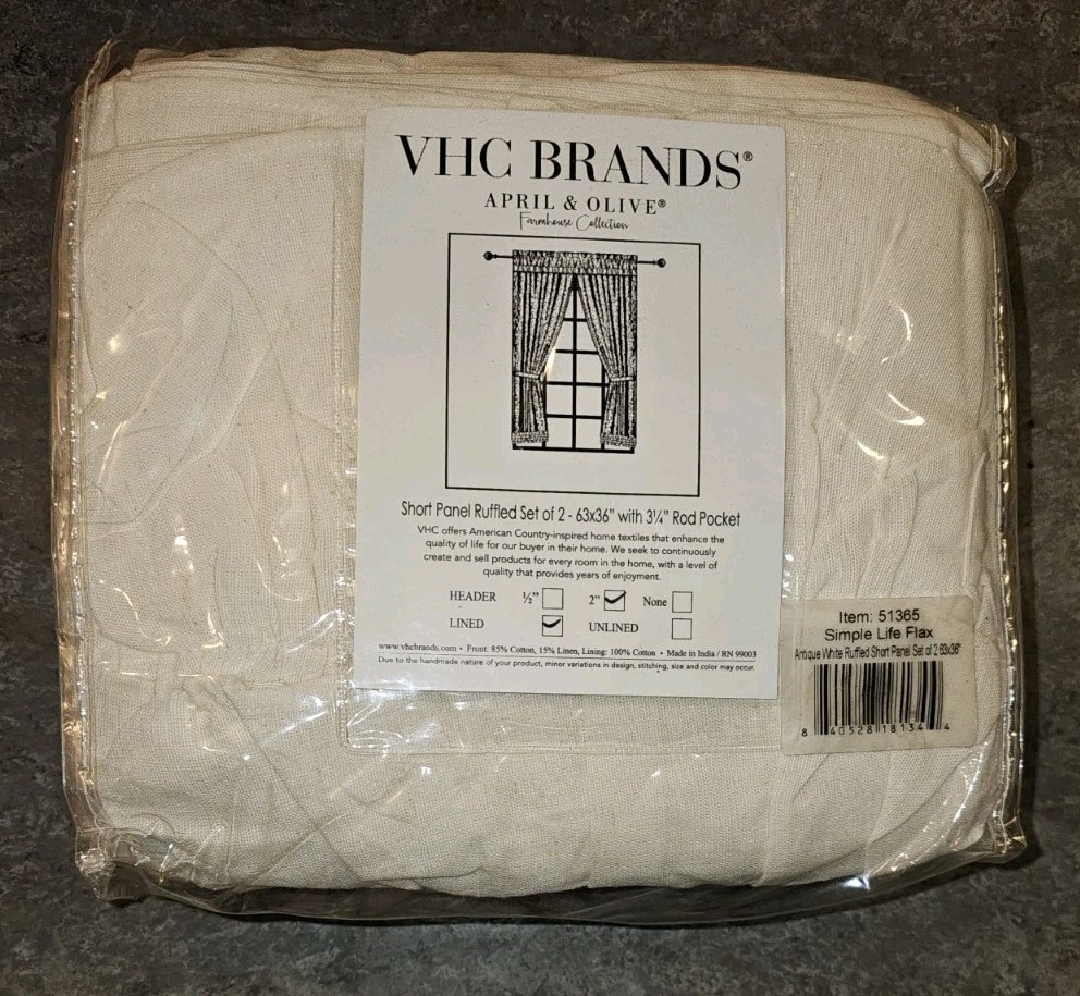 VHC Brands Simple Life Flax Farmhouse Ruffle Short Panel Set Antique White 63×36