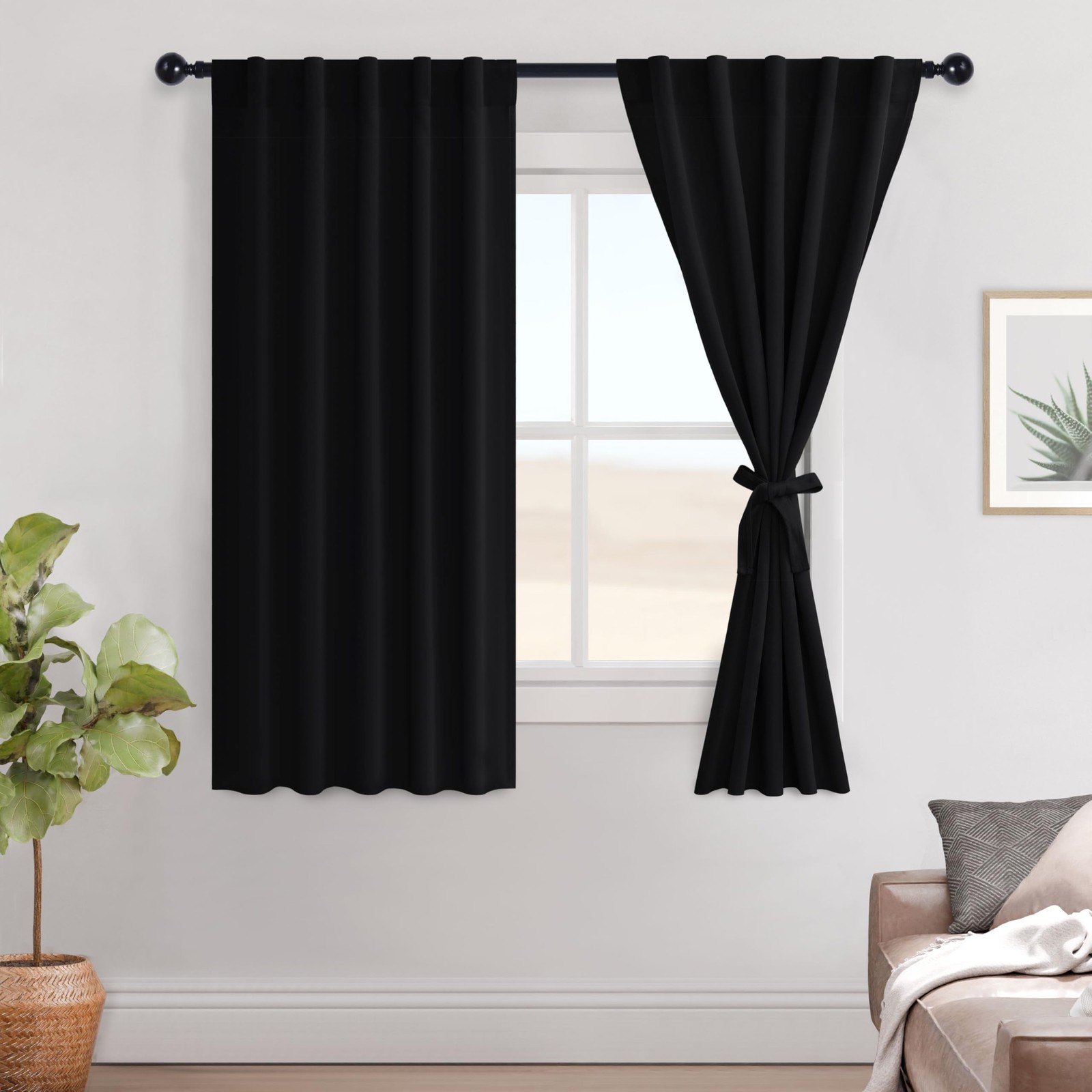 Black Out Curtains 63 inch Long Sewn with Tiebacks, Rod Pocket & Back Tab Bla…