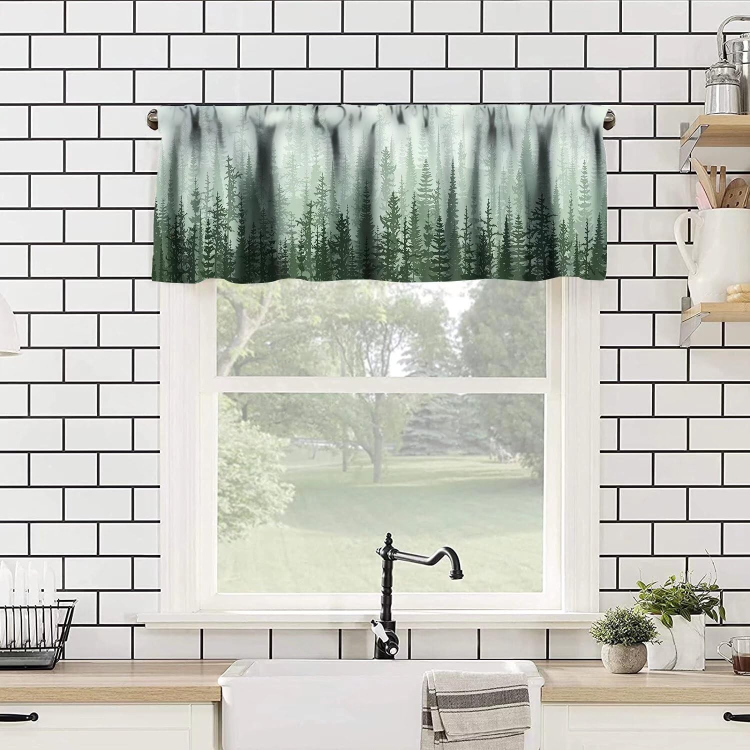 Foggy Green Forest Valance Curtain Landscape Coniferous Tree Rod Pocket Valan…