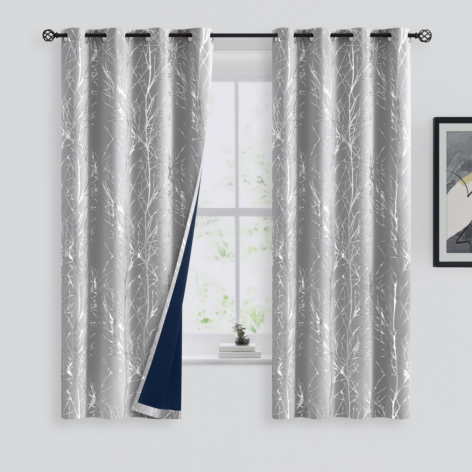FMFUNCTEX Silver Tree Grey Blackout Curtains 63 inches for Bedroom Living Room M