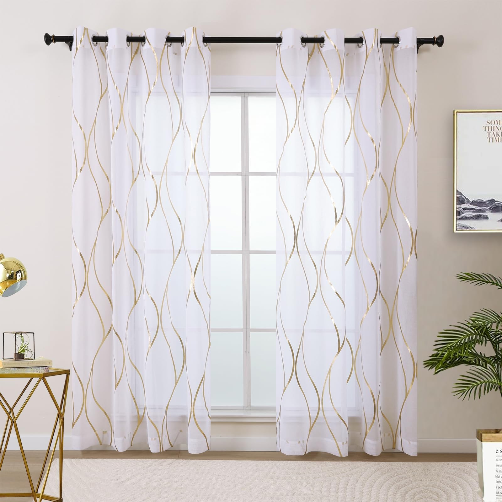 White and Gold Sheer Curtains 84 Inches Long 2 Panels Set, Gold Foil Printed …