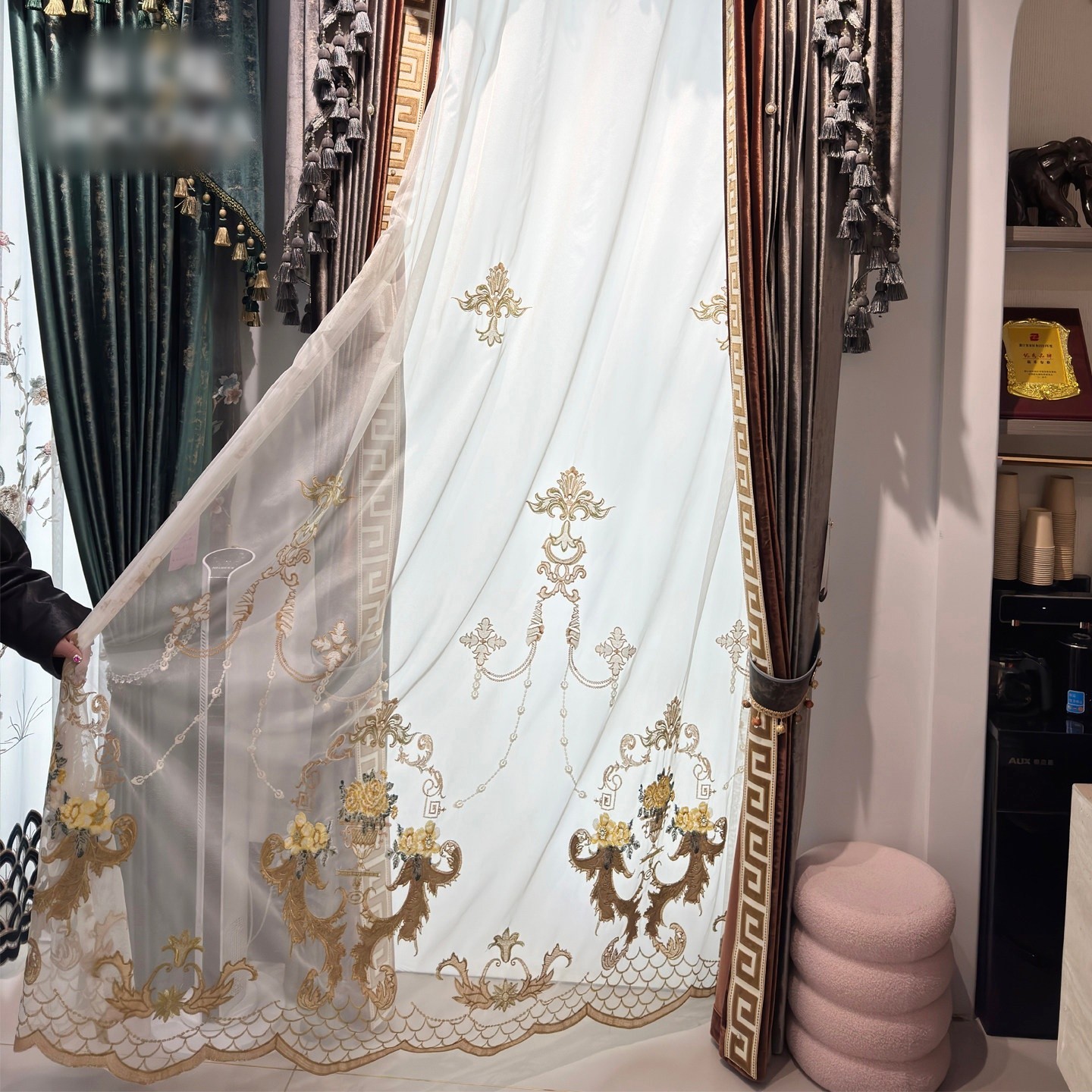 velvet luxury bronzing European fabric embroider valance curtain tulle M1914