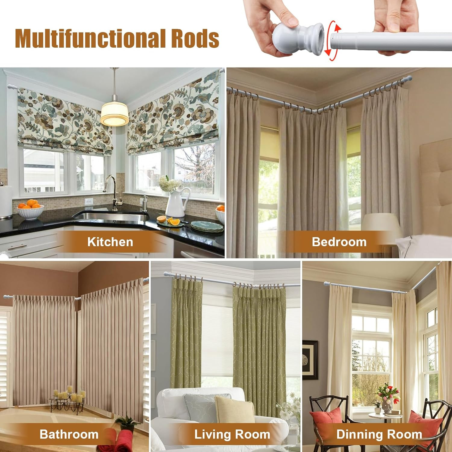 Corner Window Curtain Rod, 1″ Heavy Duty L-Shaped Curtain Rods, 36-136″ Adjustab