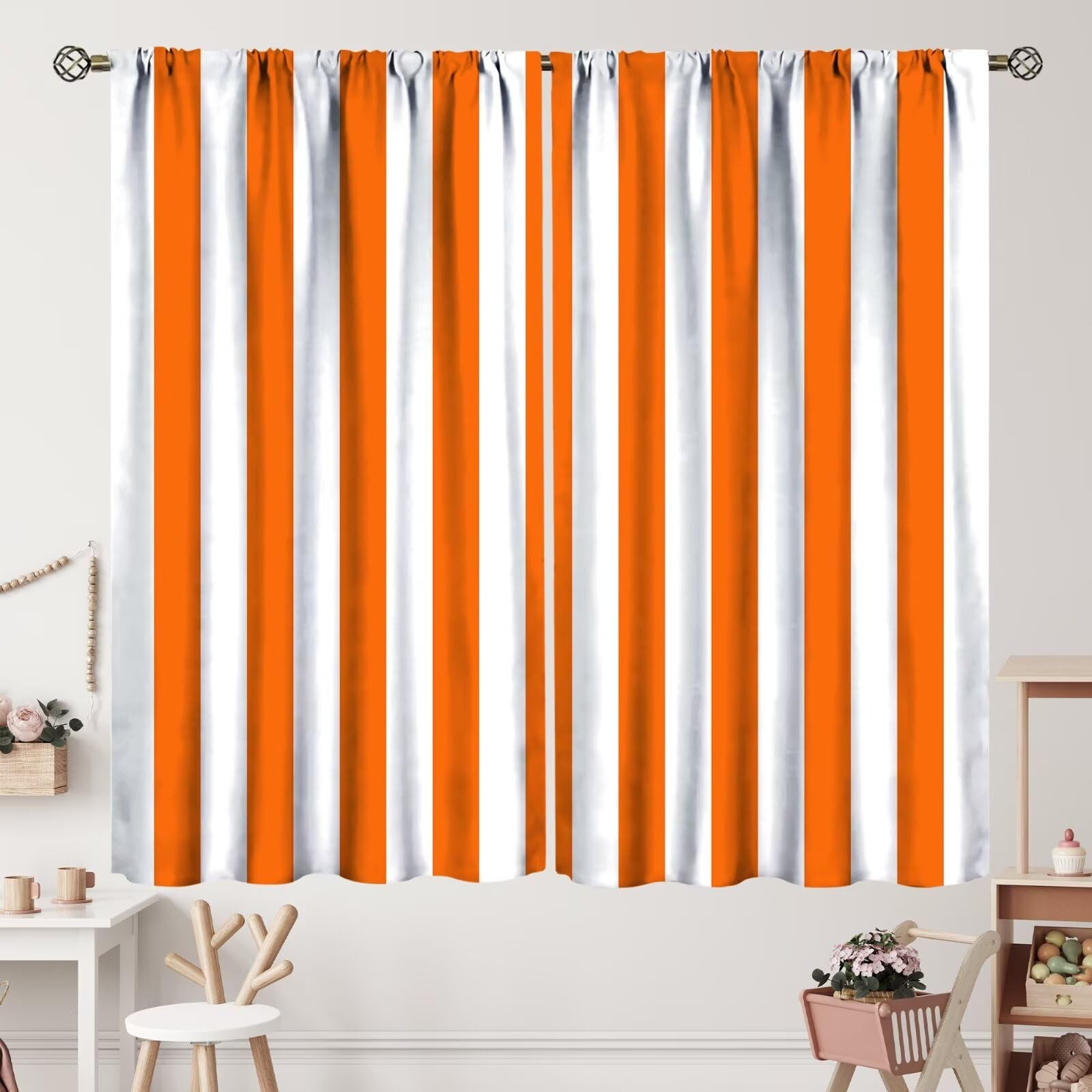 Orange and White Striped Curtains Vertical Stripe Modern Farmhouse Chic Style…
