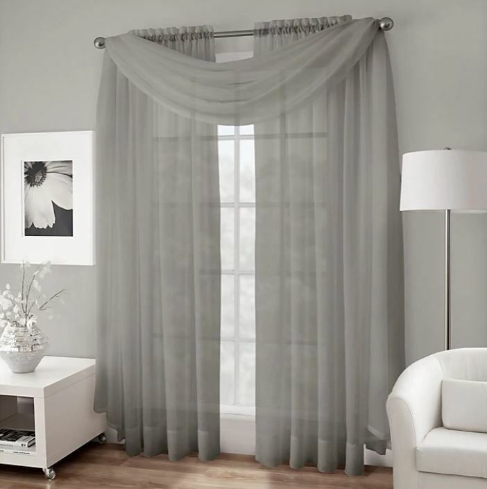 Crushed Voile Sheer Scarf Valance in Grey 50″ x 216″