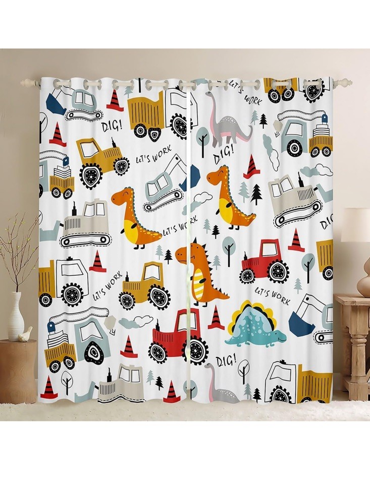 Dinosaur Curtains, Boys Cartoon Construction Car Truck Dinosaur Funny Dino Sa…