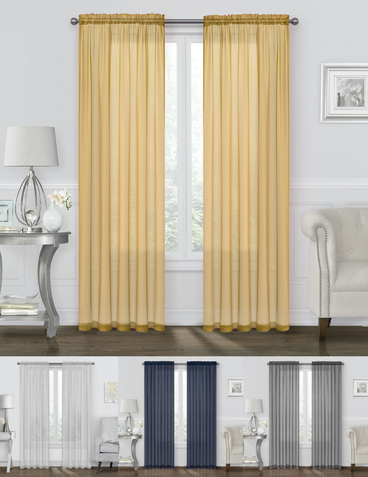 Basic 2 Pack Sheer Voile Home Window Curtains – Assorted Colors & Sizes