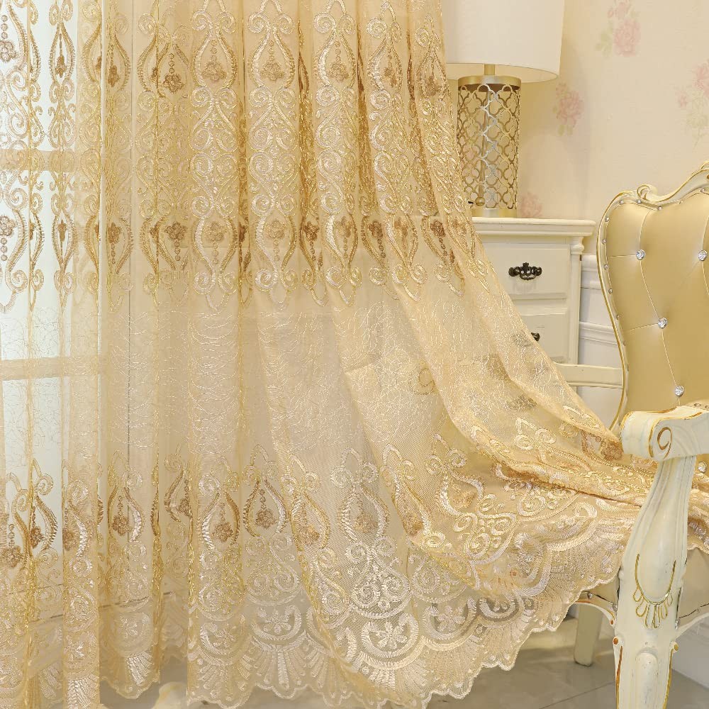 1 Pair European Jacquard Sheer Curtains Embroidered Tulle Curtains Living Roo…