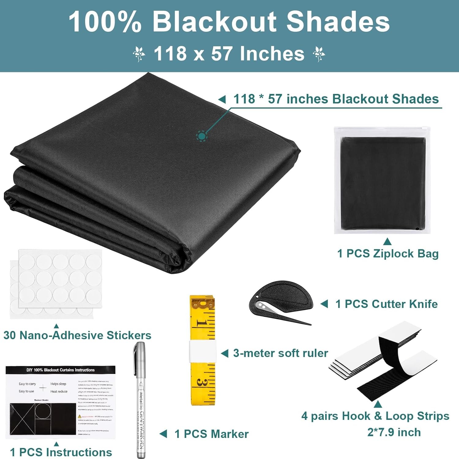 100% Blackout Window Cover, 118×57 Inch Portable Blackout Blinds, No Drill Priva