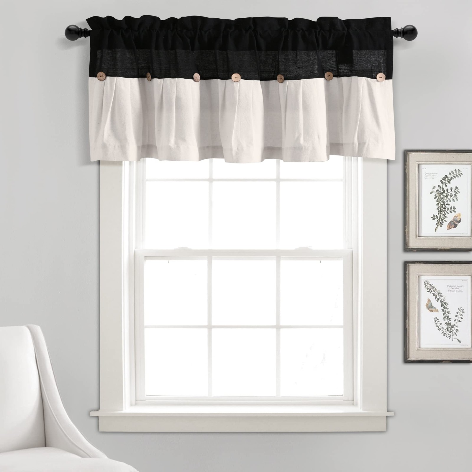 Lush Decor Linen Button Farmhouse Valance, 18L x 52W, Black & White