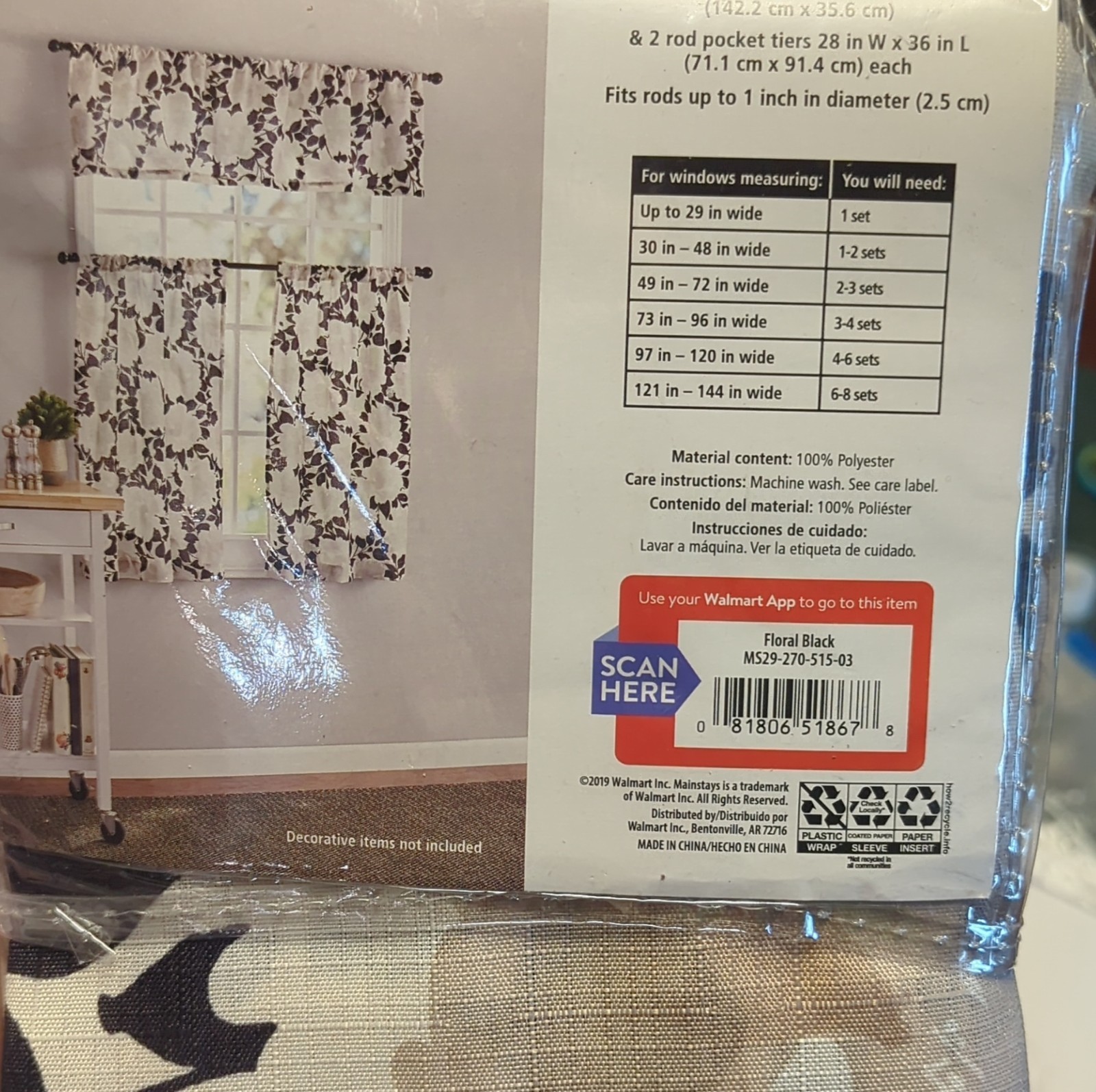 Mainstays Floral Black & Cream 3 Piece Window Set Rod Pocket Polyester 36″ Tiers