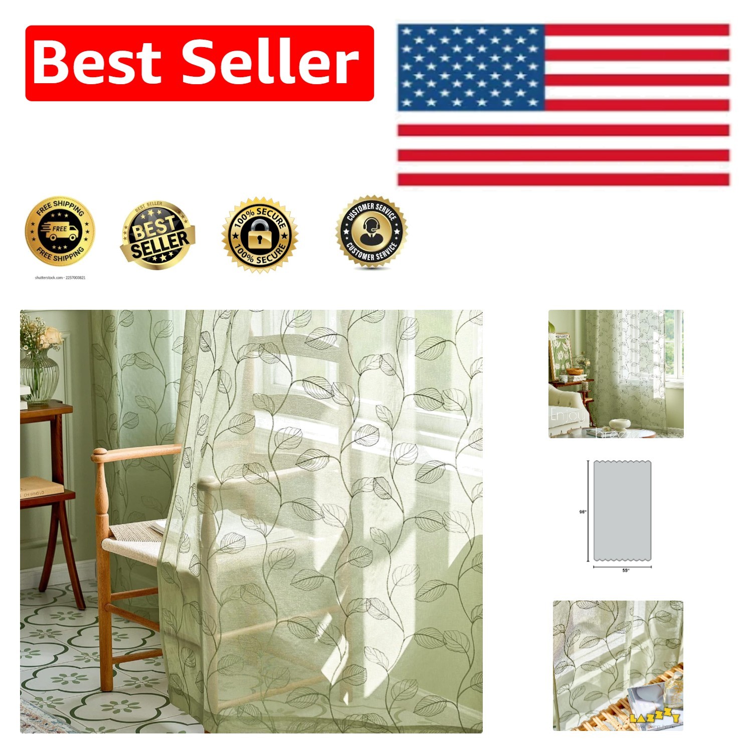 Elegant Sage Sheer Curtains with Leaf Embroidery – 96 Inch Long Window Drapes