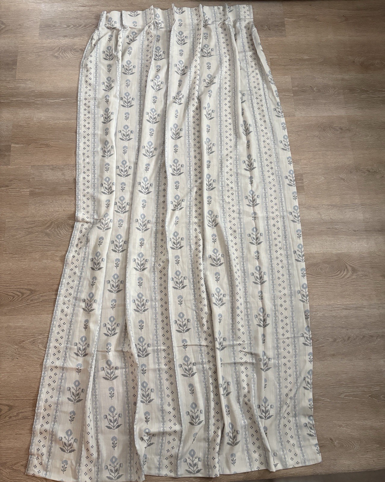 Blue Grey Pinch Pleated Floral Curtain Panel 82” Long