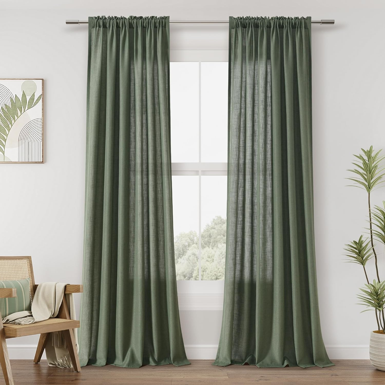 Olive Green Linen Curtains 84 Inch Length for Living Room Bedroom 2 Panels Set R